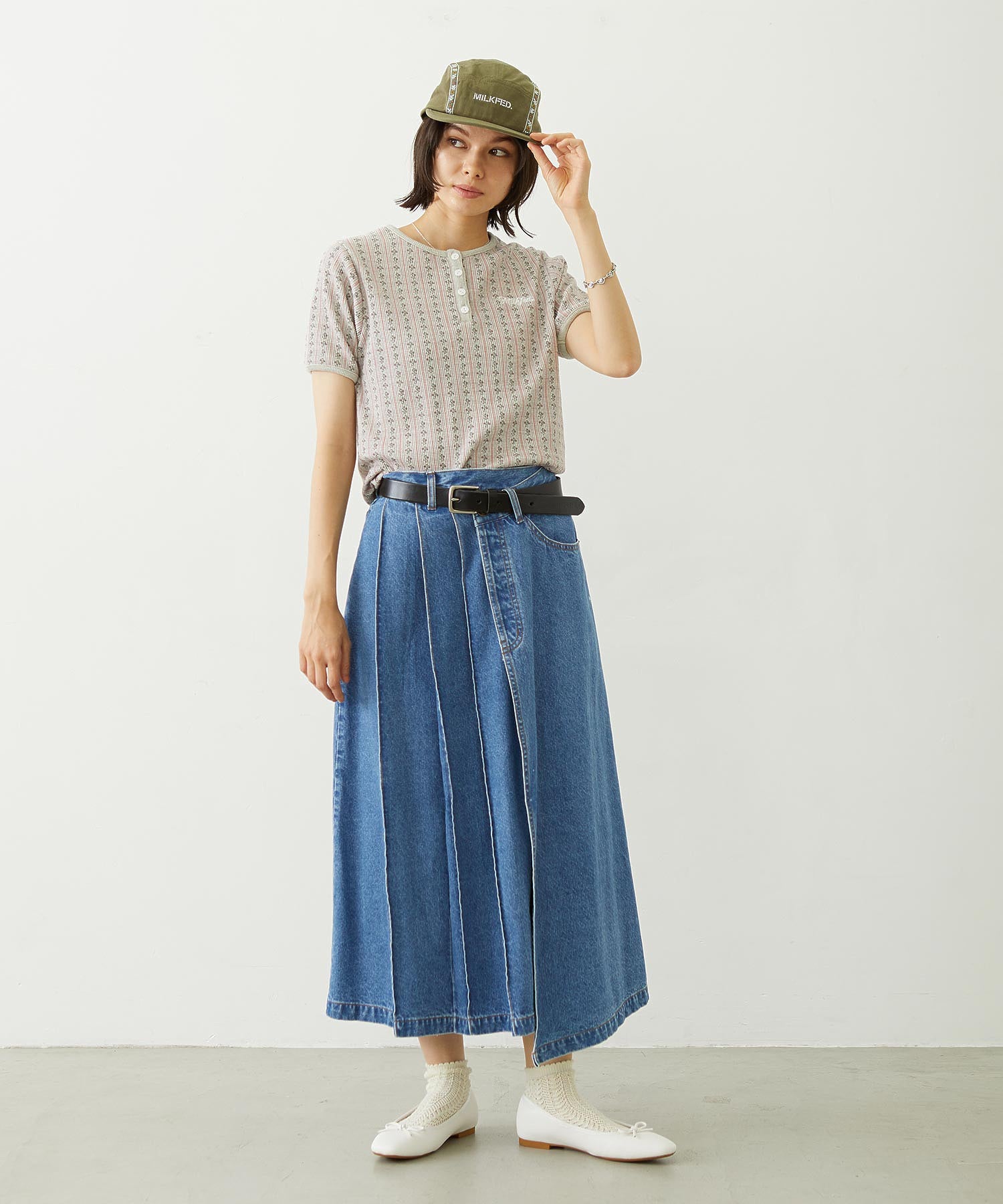 STRIPED FLOWER WAFFLE S/S TOP