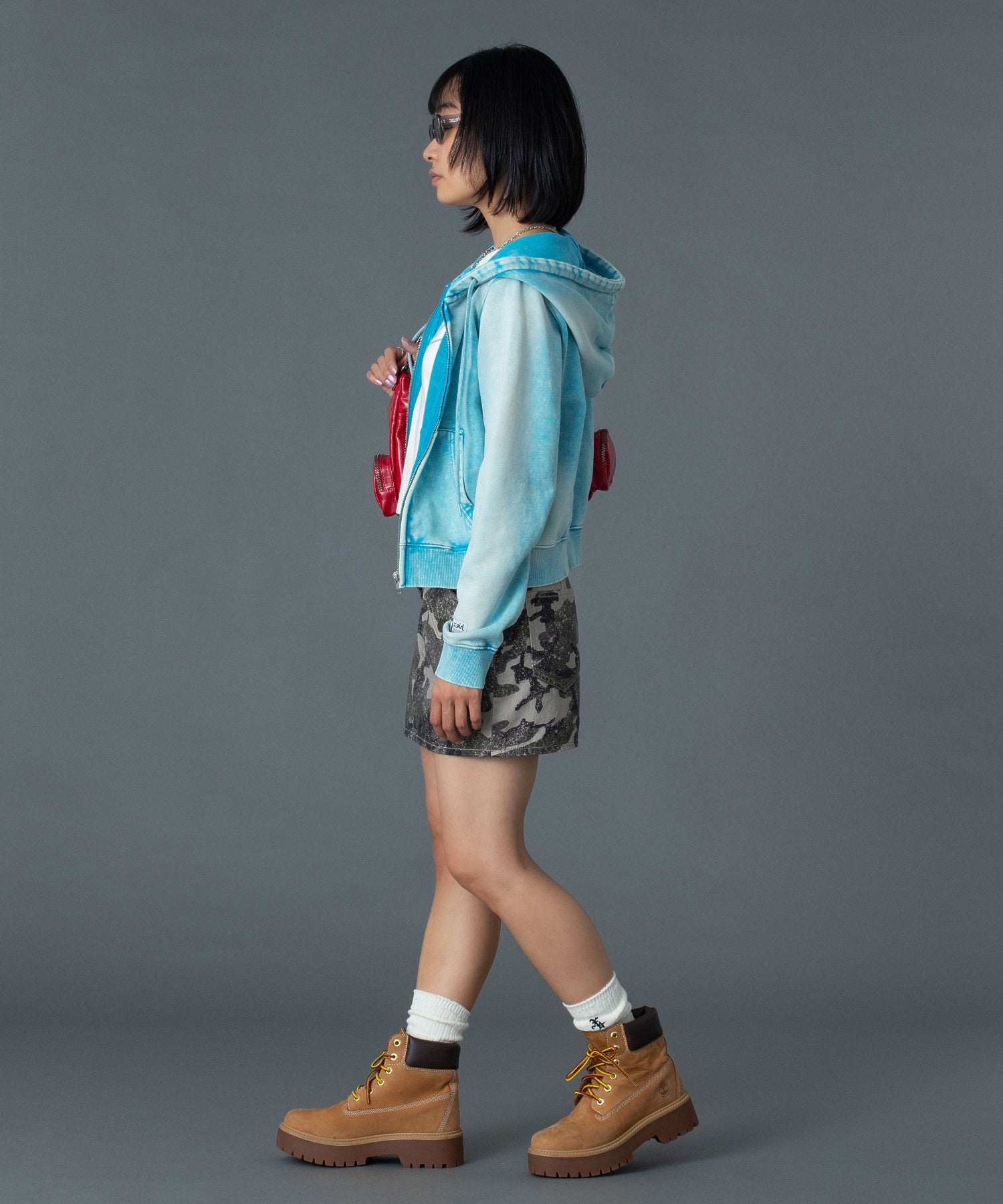 FACE LABEL WASHED COMPACT ZIP UP SWEAT HOODIE