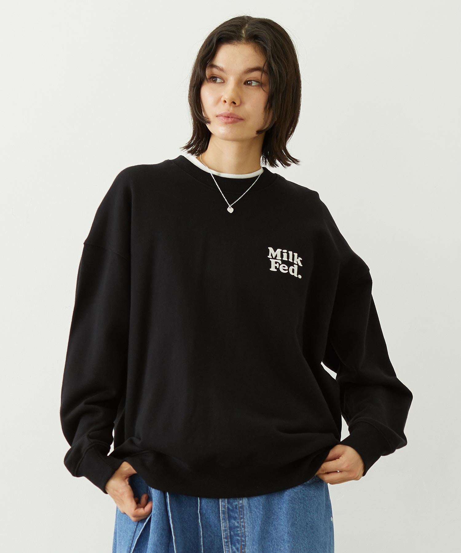 MILKFED. PLAID LOGO WIDE CREW SWEAT