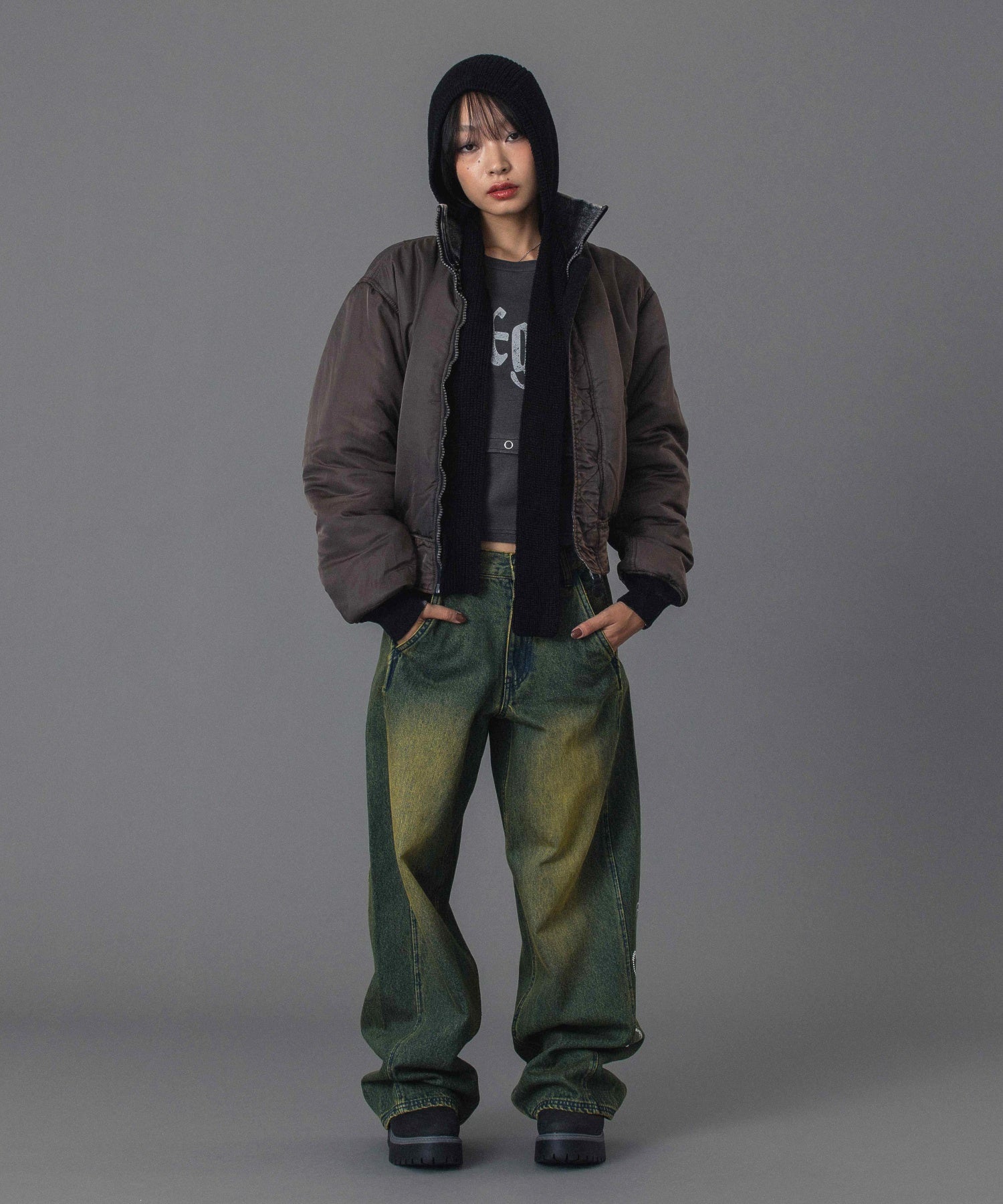 RHINESTONE LOGO LOOSE DENIM PANTS
