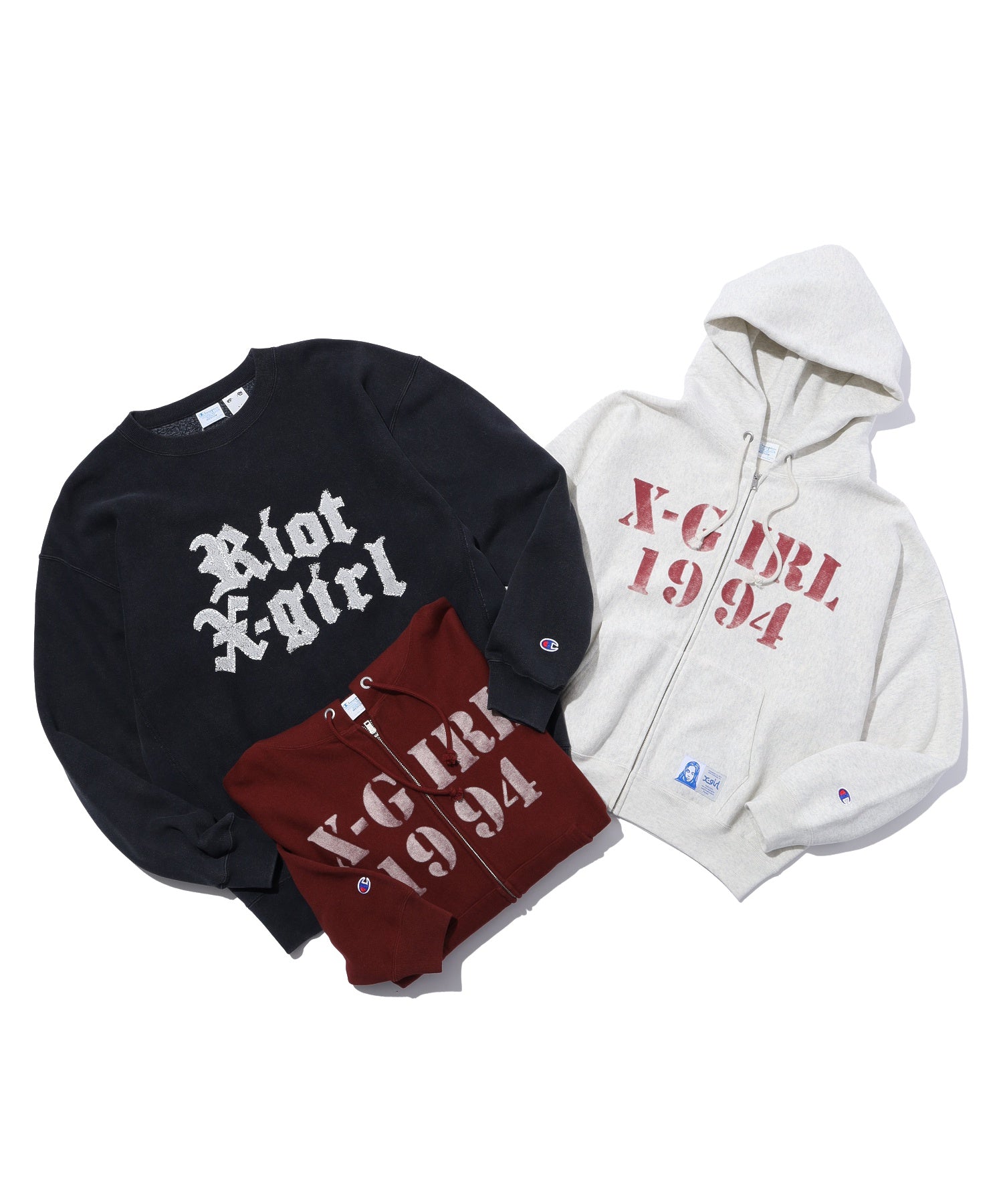 X-girl × Champion REVERSE WEAVE STENCIL LOGO ZIP UP HOODIE