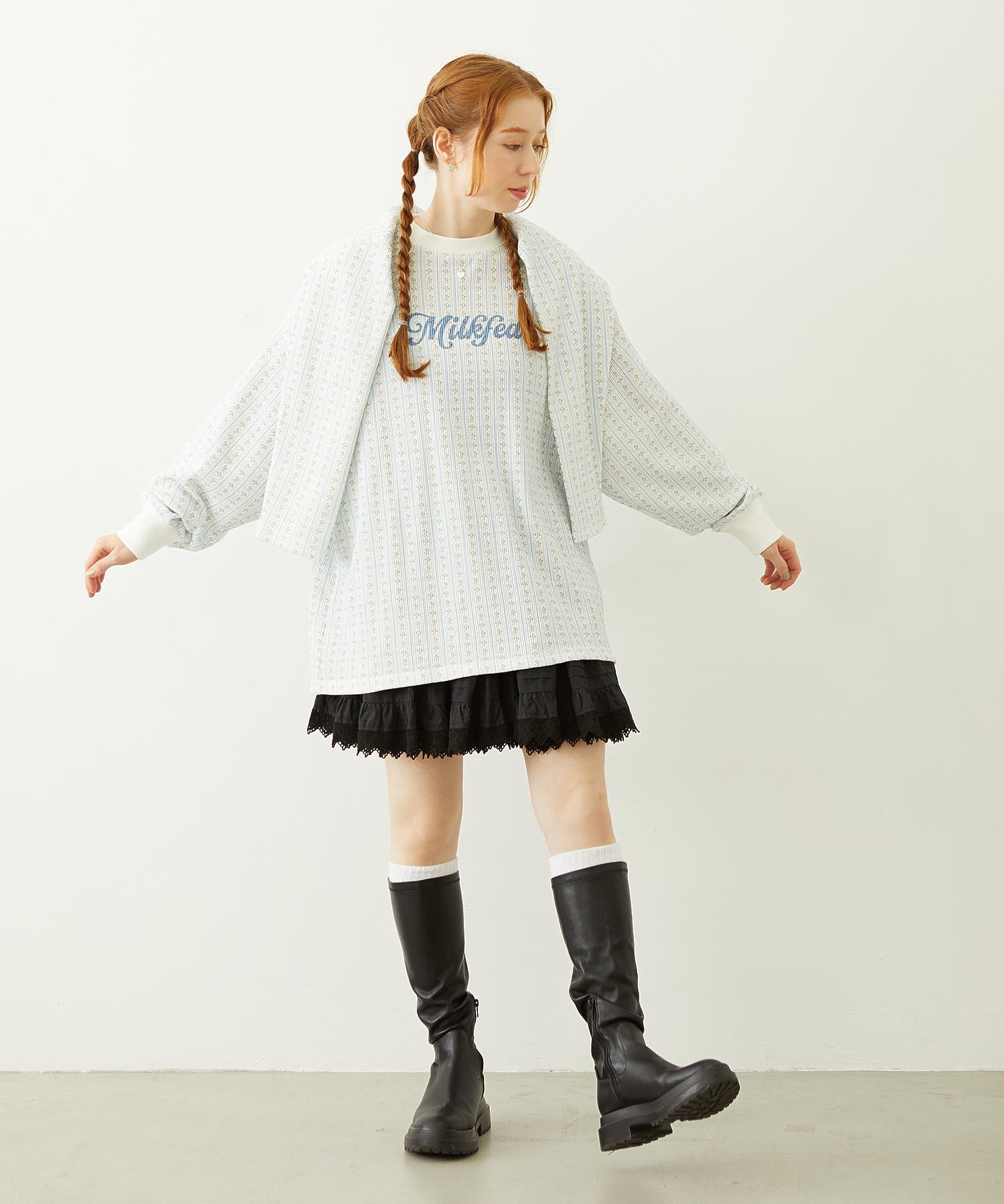 STRIPED FLOWER WAFFLE L/S TOP