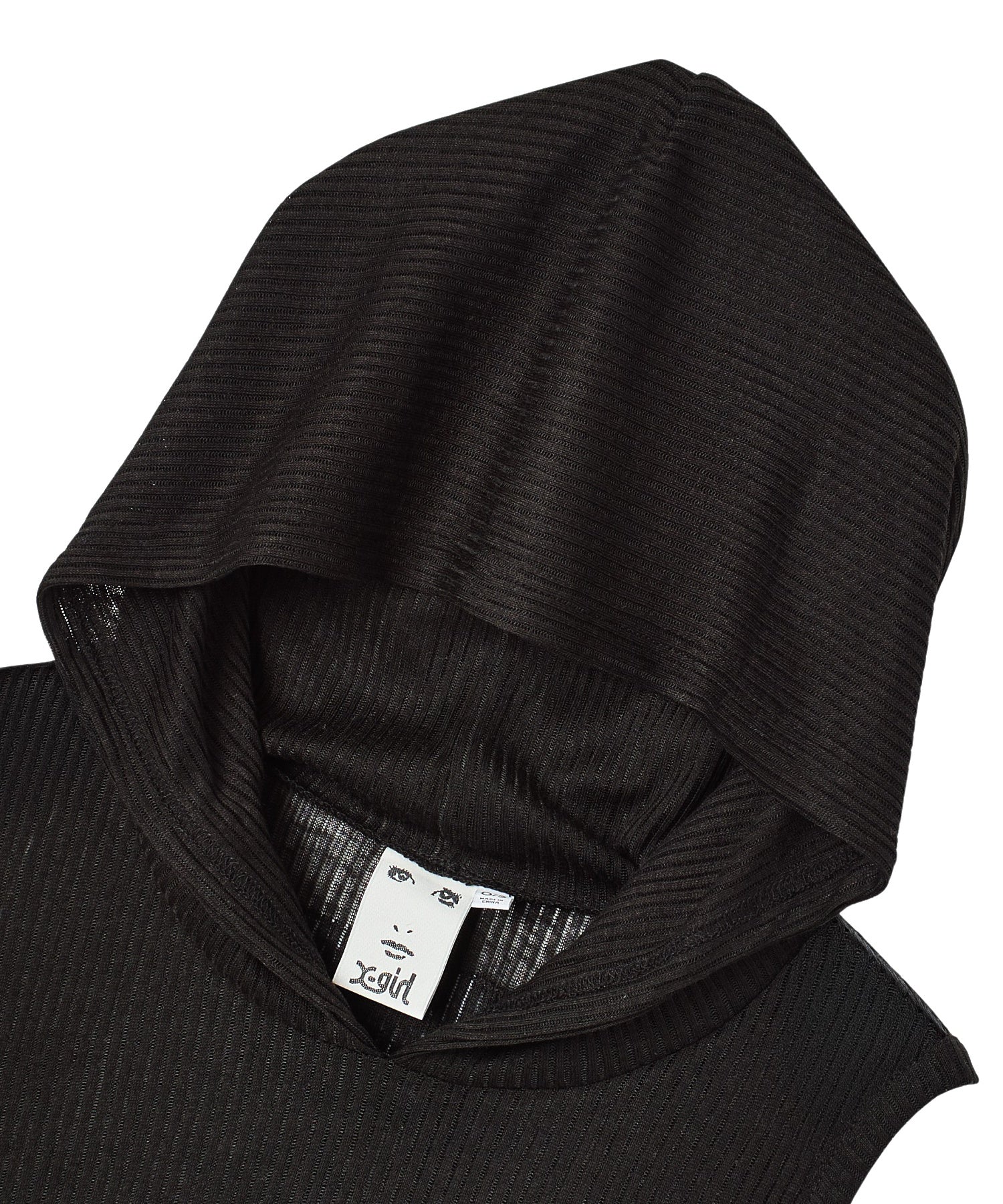 SHEER SLEEVELESS RIBBED HOODED TOP