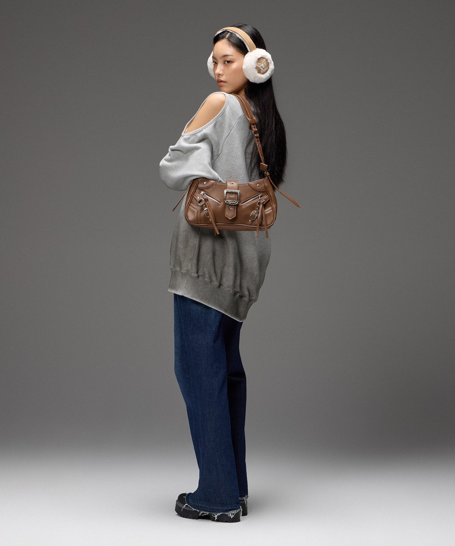 ZIP AND BELT FAUX LEATHER BAG