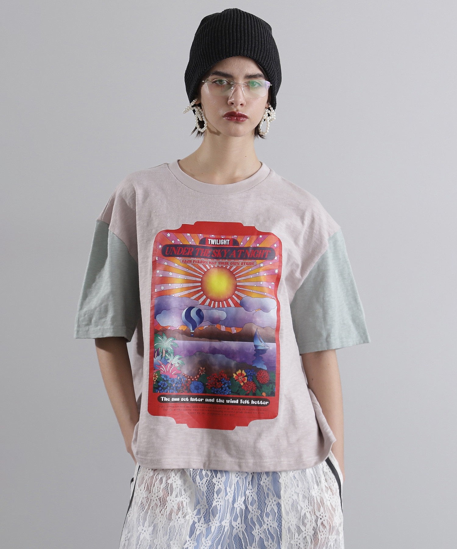 OKIRAKU×ROSE BUD/袖配色 プリントTシャツ