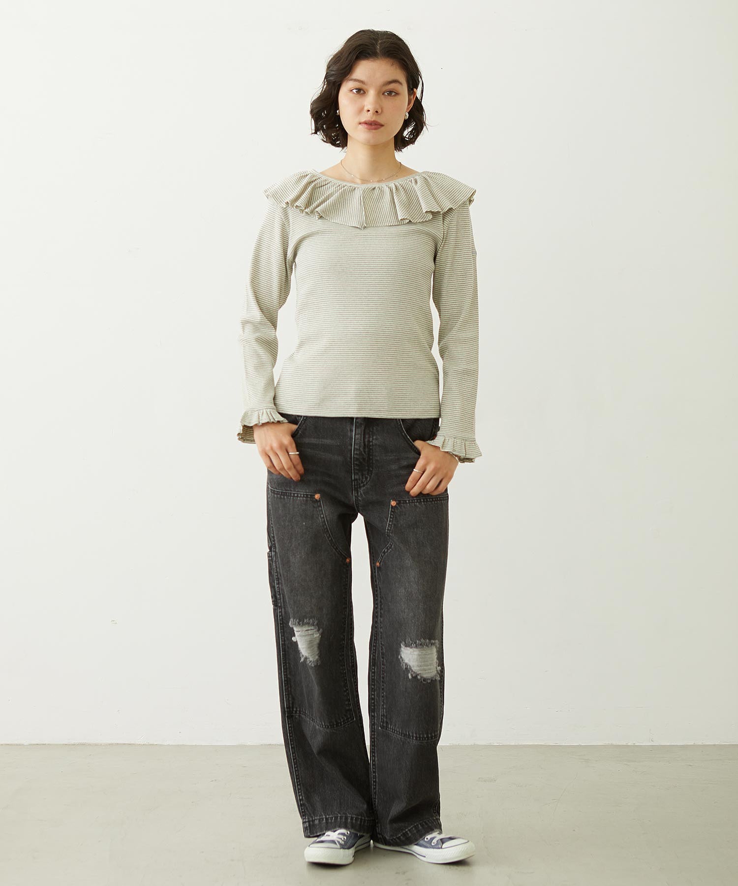 2WAY RUFFLE COLLAR STRIPED L/S TOP