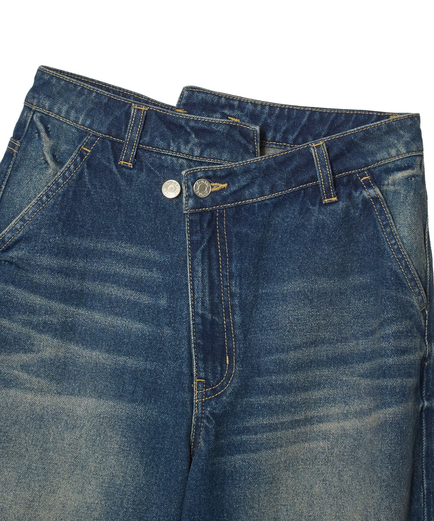EMBLEM POCKET ASYMMETRIC WAIST DENIM PANTS