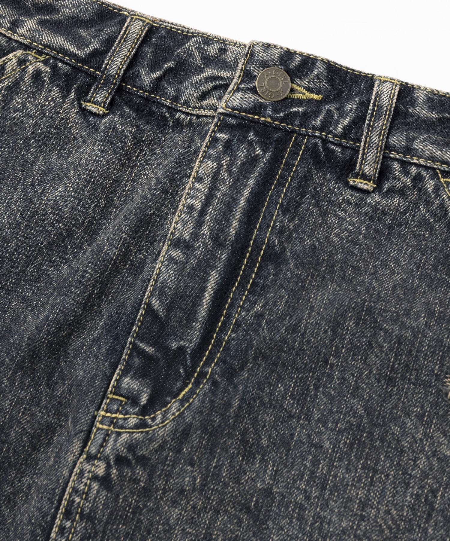 DISTRESSED DENIM MINI SKIRT