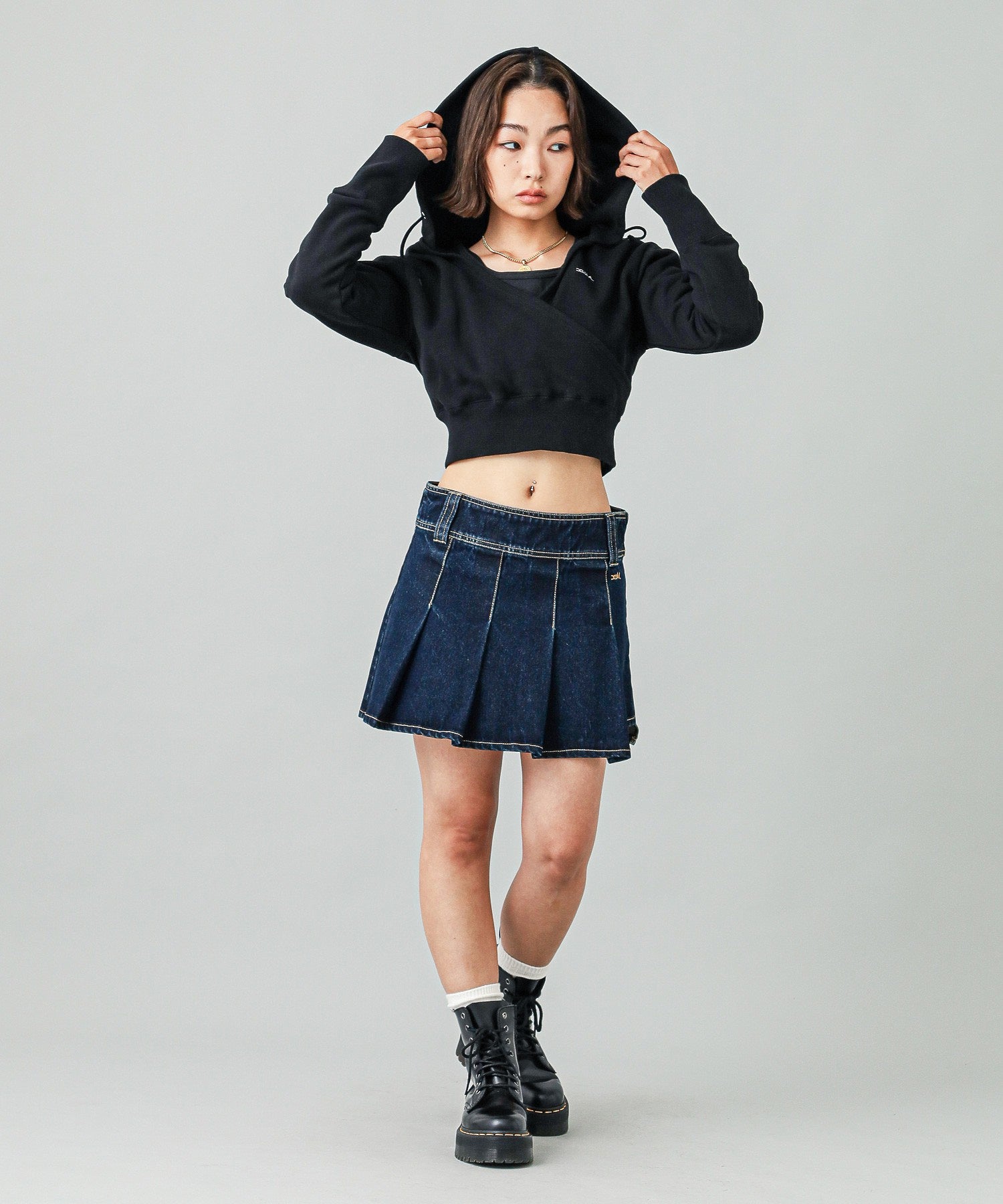 PLEATED DENIM MINI SKIRT