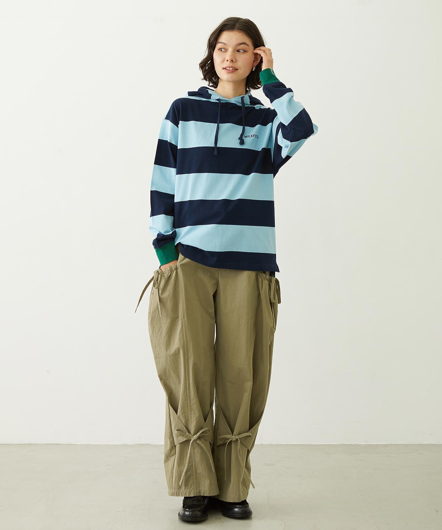 CONTRAST RIB STRIPED HOODED TOP