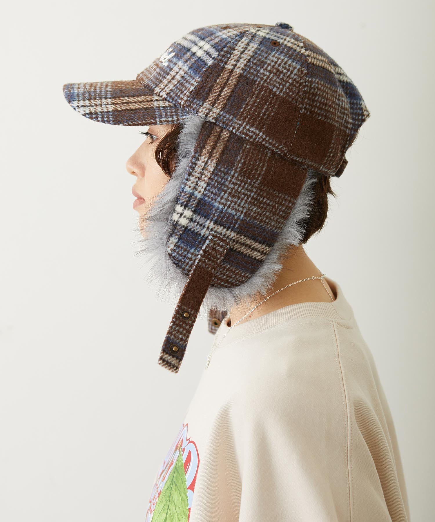 PLAID PATTERN FUR EAR FLAP