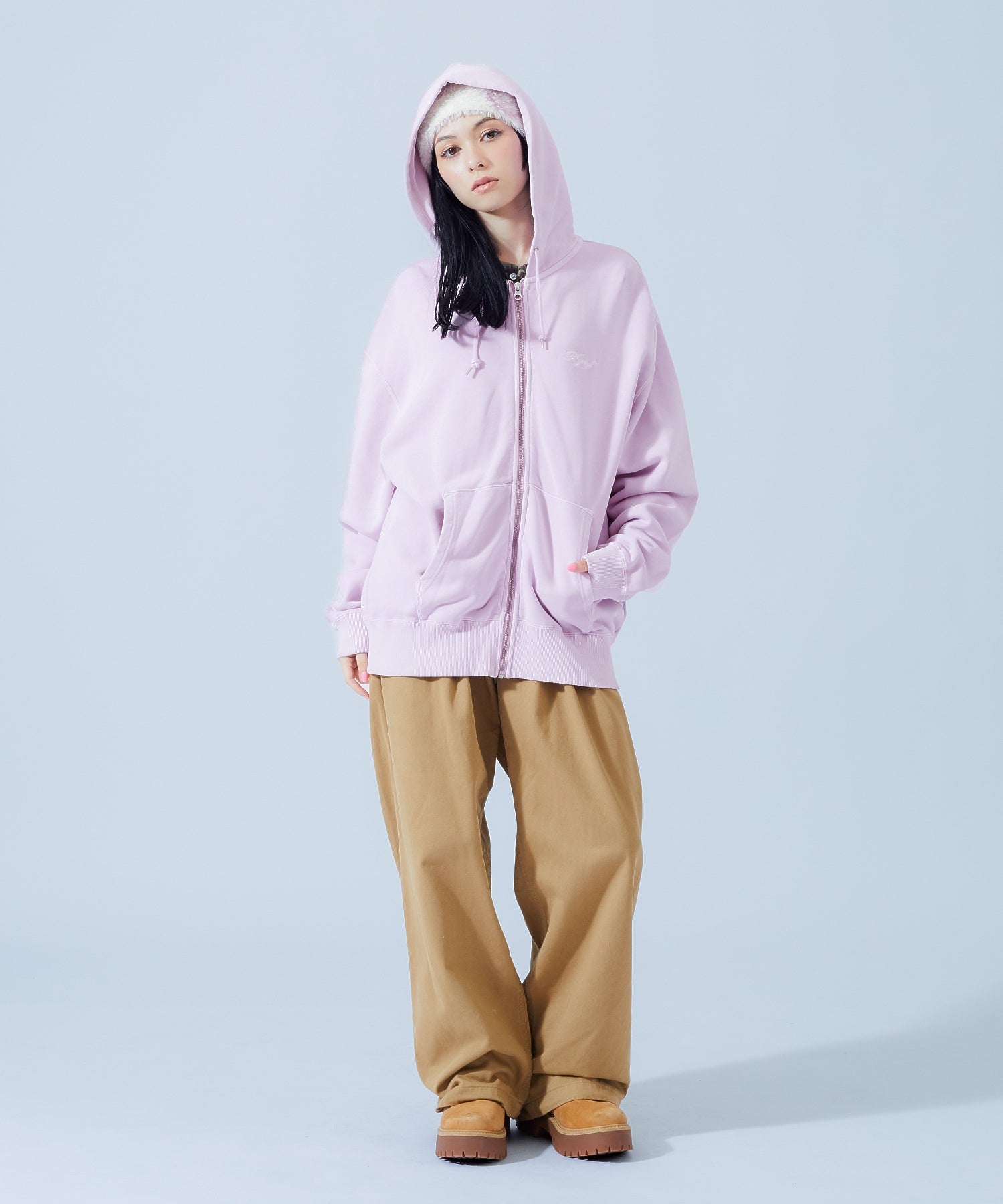 PIGMENT DYED FACE PATCH AND LOGO ZIP UP SWEAT HOODIE