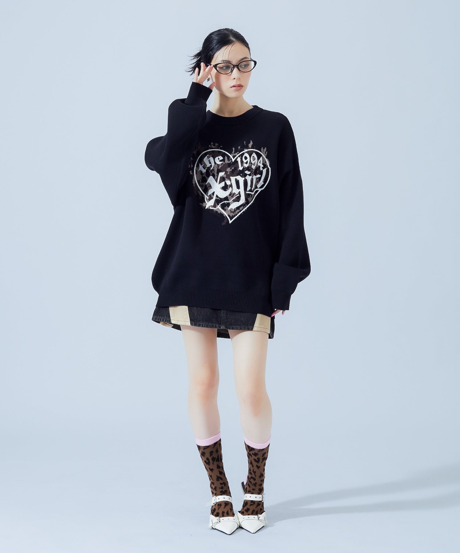 LEOPARD HEART LOGO JACQURD KNIT TOP