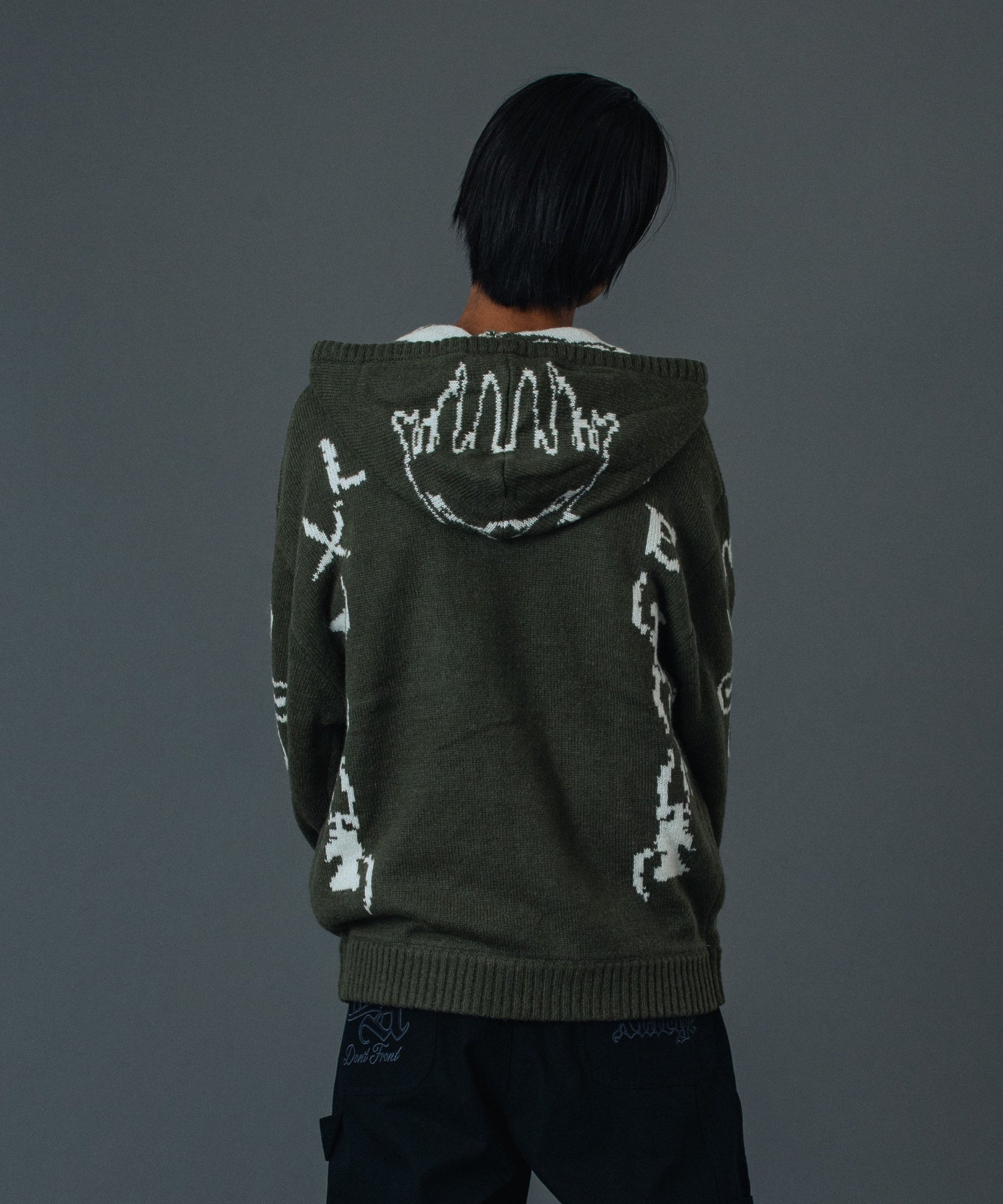 JACQUARD FUZZY ZIP UP HOODED SWEATER