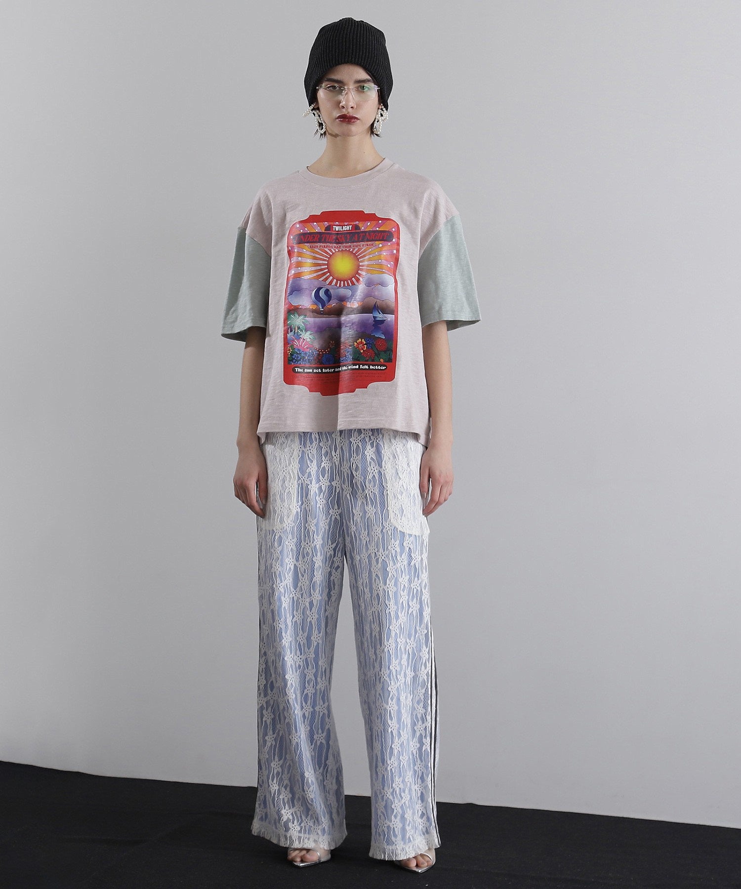 OKIRAKU×ROSE BUD/袖配色 プリントTシャツ