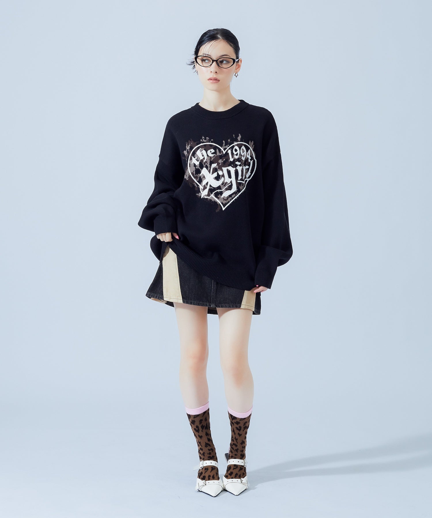 LEOPARD HEART LOGO JACQURD KNIT TOP
