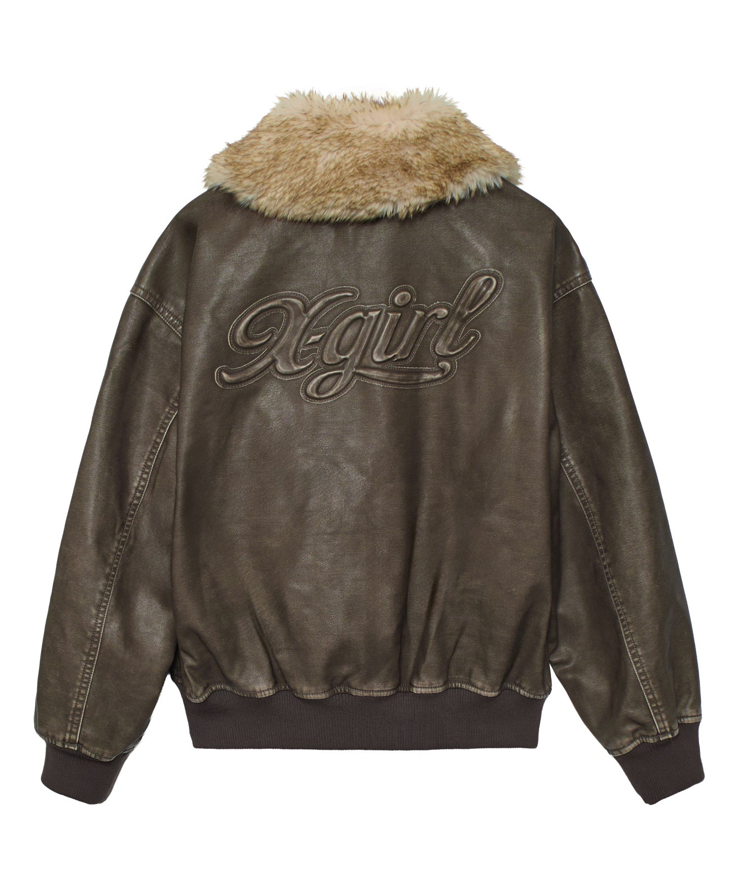 EMBOSSED LOGO PATCH DISTRESSED FAUX LEATHER JACKET