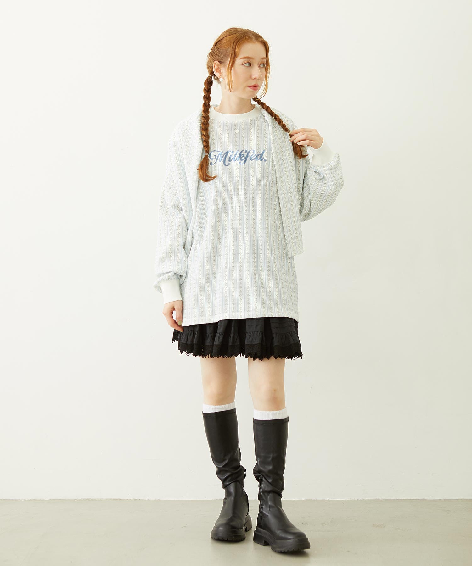 STRIPED FLOWER WAFFLE L/S TOP