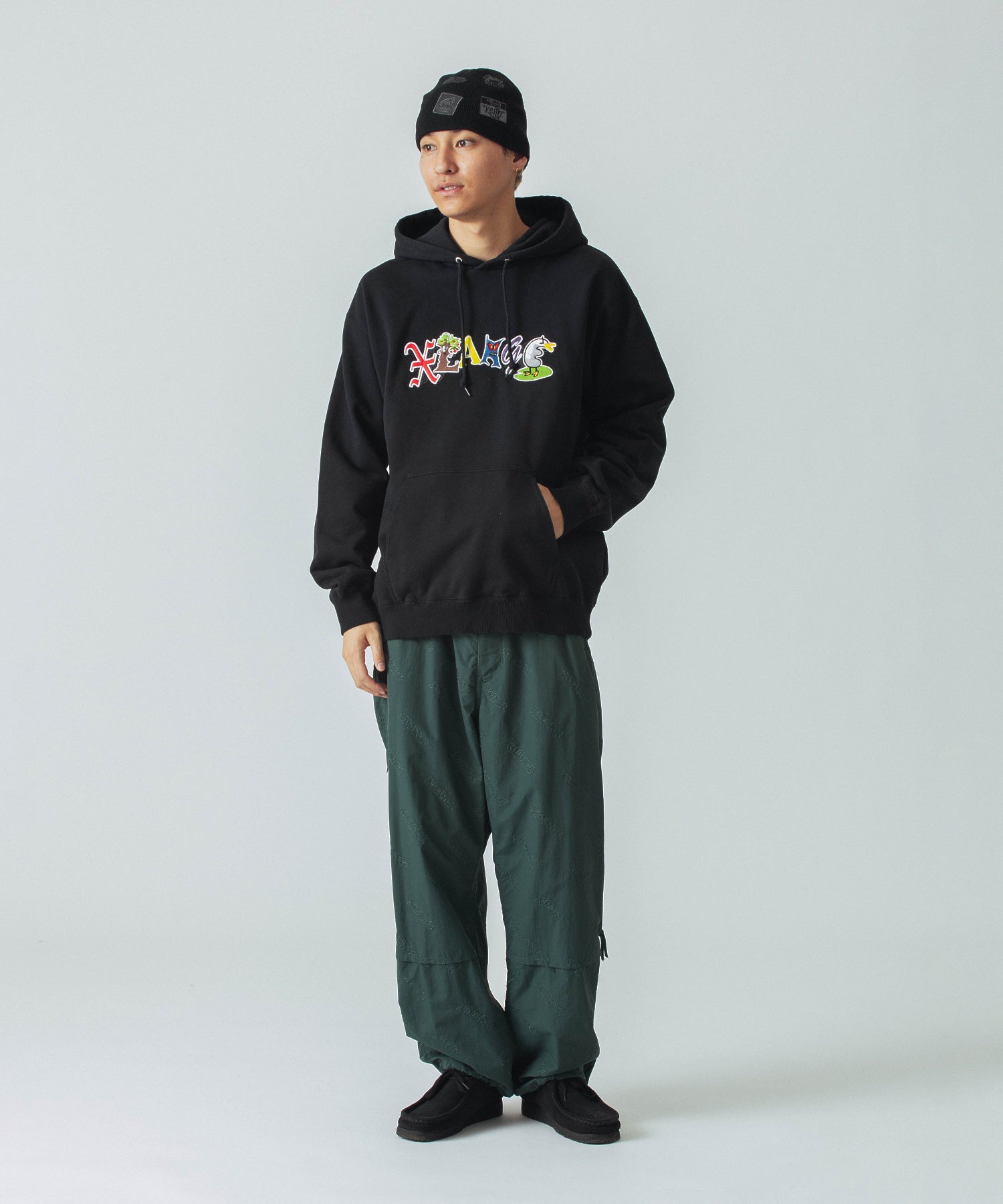 ALLOVER LOGO PATTERN EMBROIDERED NYLON PANTS