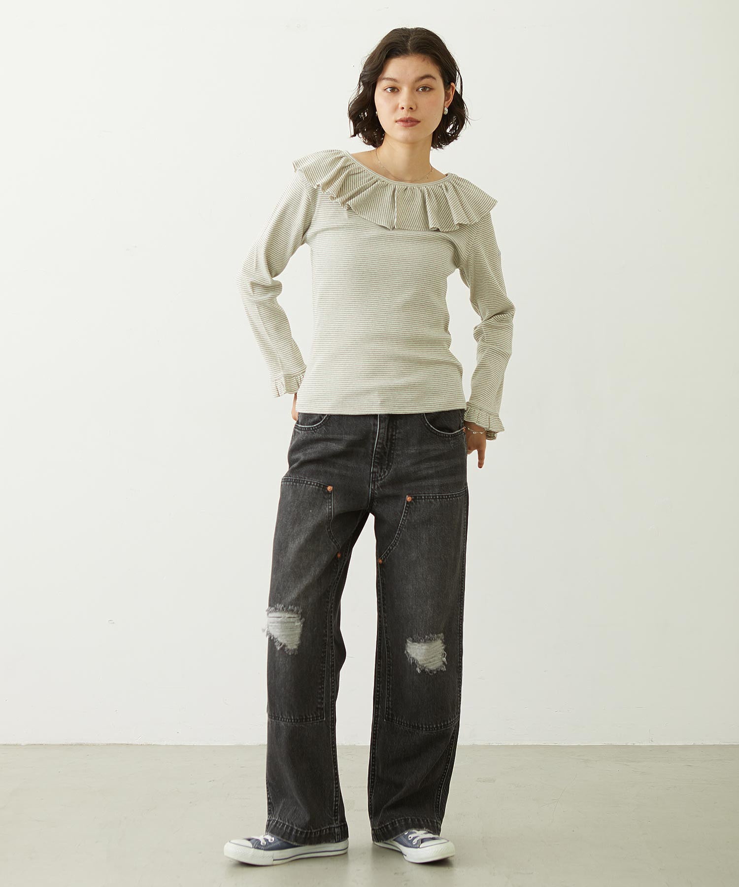 2WAY RUFFLE COLLAR STRIPED L/S TOP
