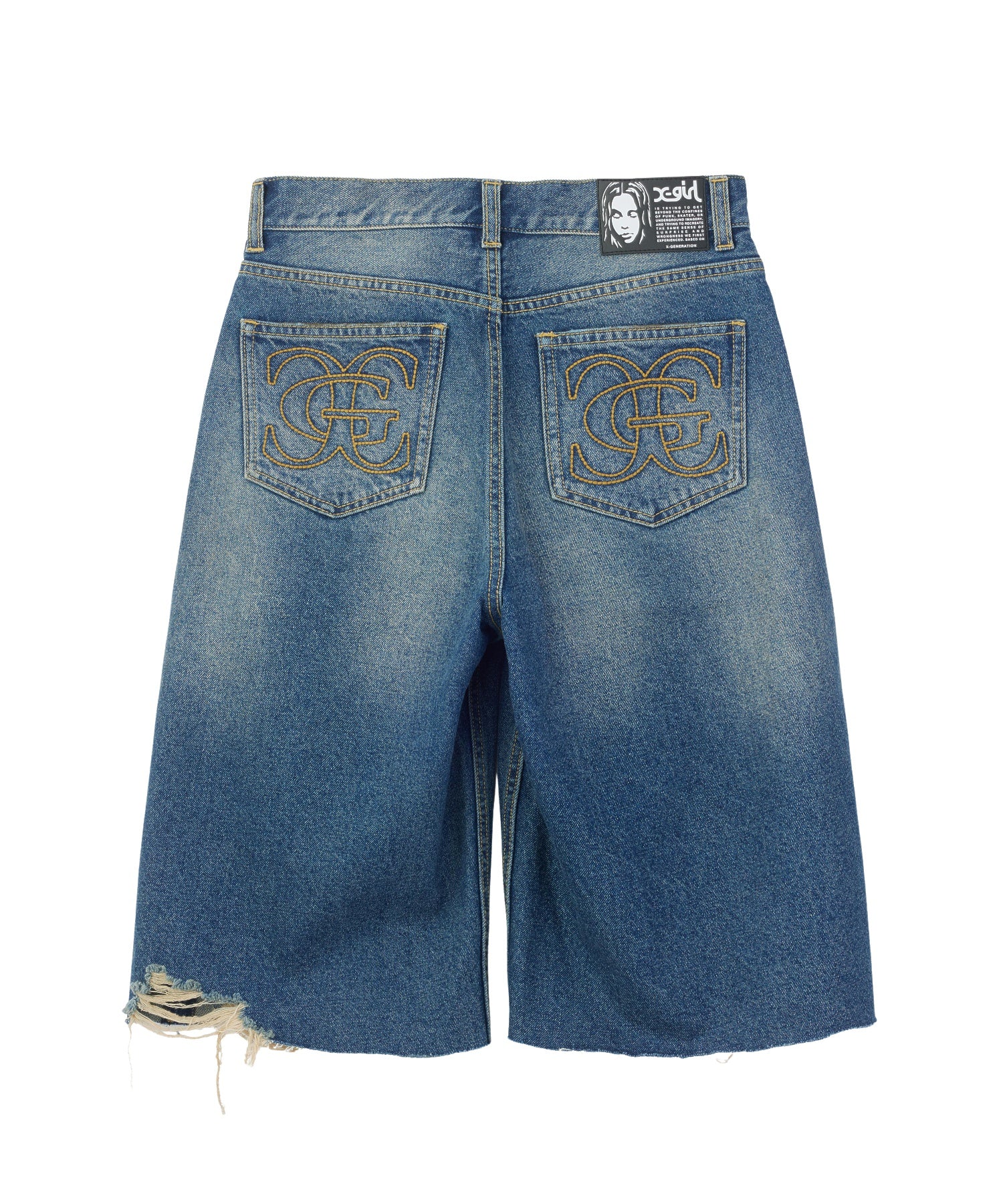 EMBLEM POCKET DISTRESSED DENIM SHORTS