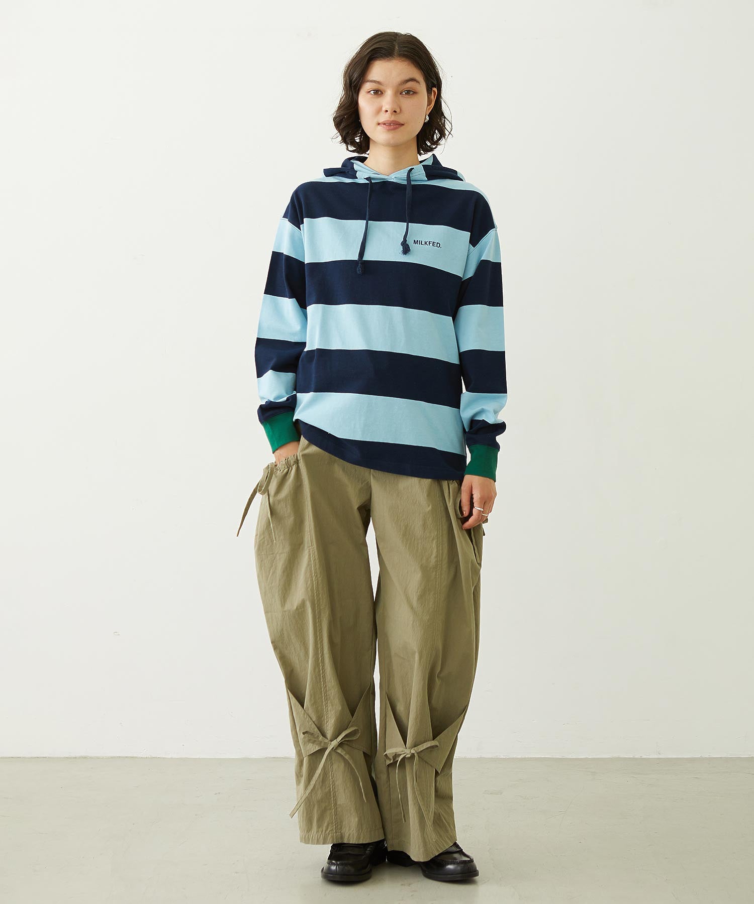 CONTRAST RIB STRIPED HOODED TOP