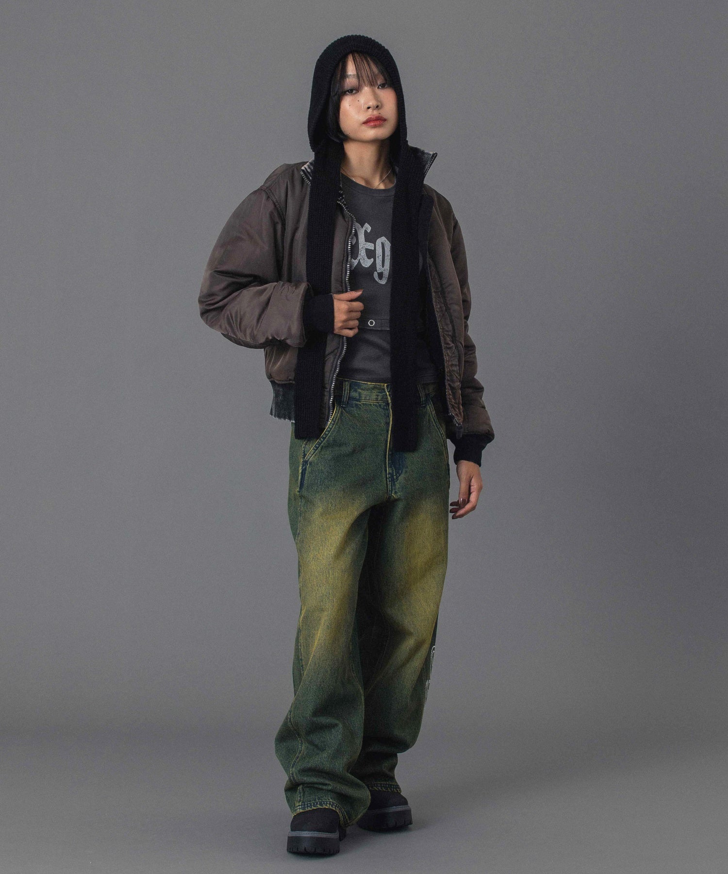 RHINESTONE LOGO LOOSE DENIM PANTS