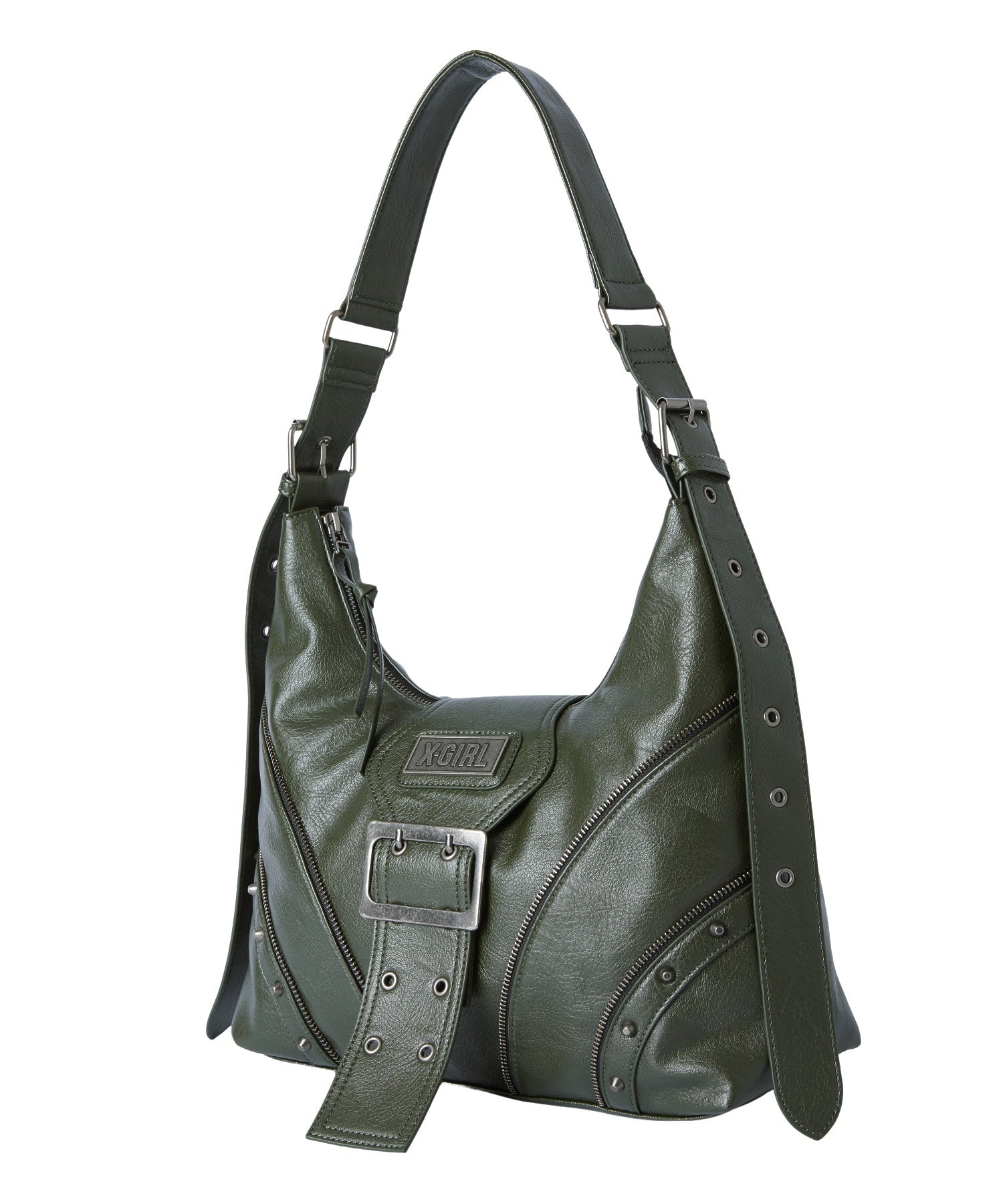 STUDDED PANELED FAUX LEATHER SHOULDER BAG