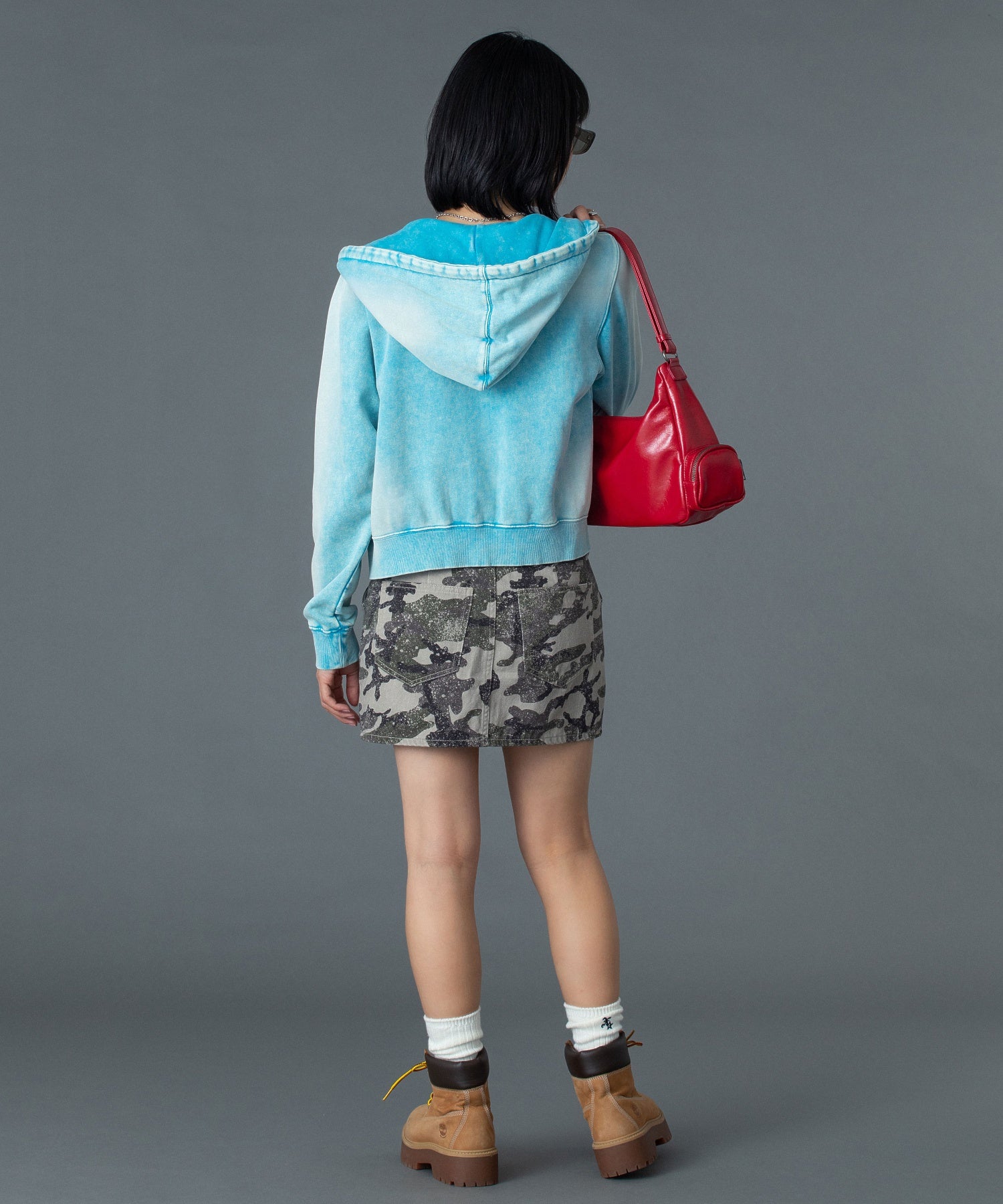 FACE LABEL WASHED COMPACT ZIP UP SWEAT HOODIE