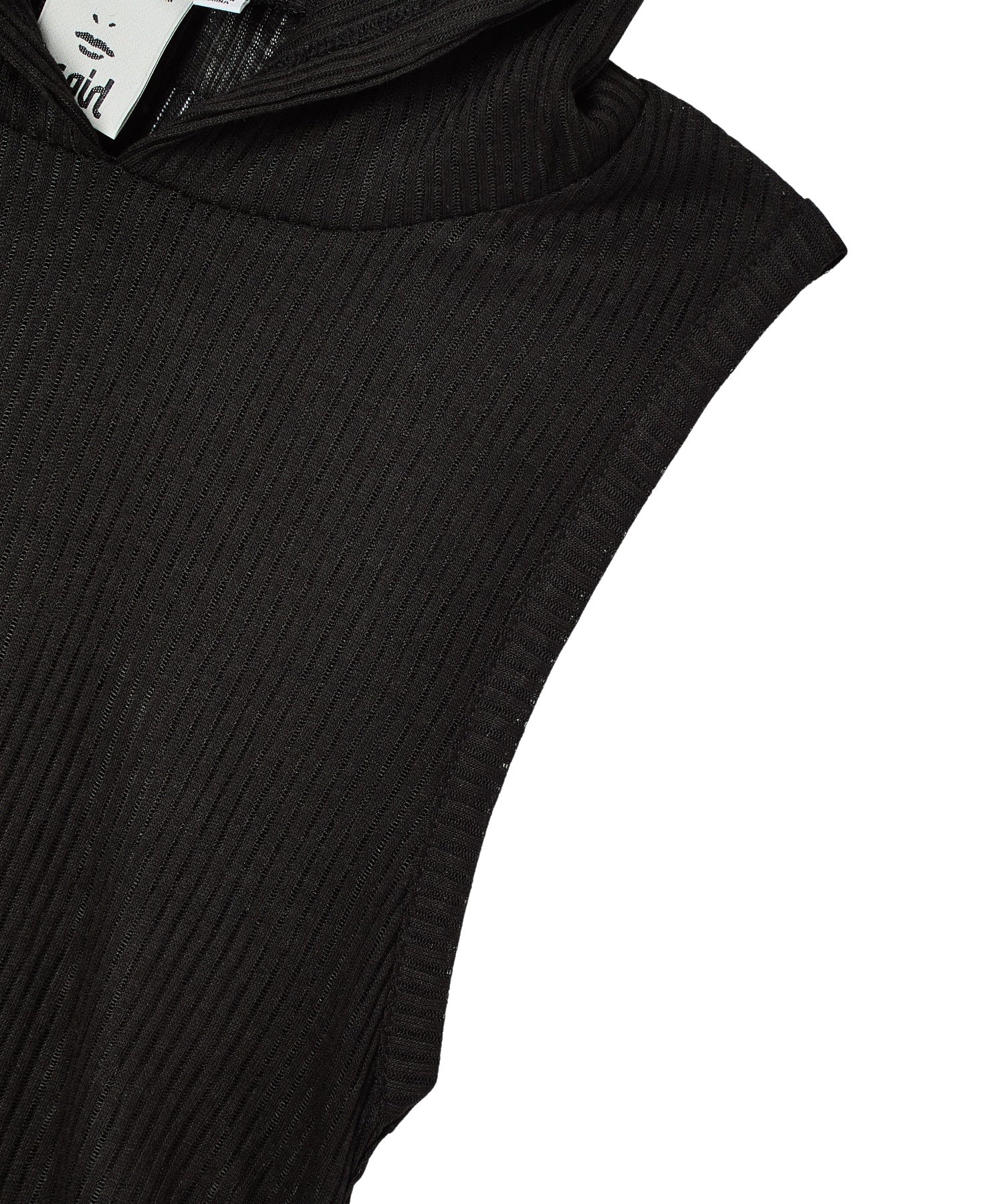 SHEER SLEEVELESS RIBBED HOODED TOP