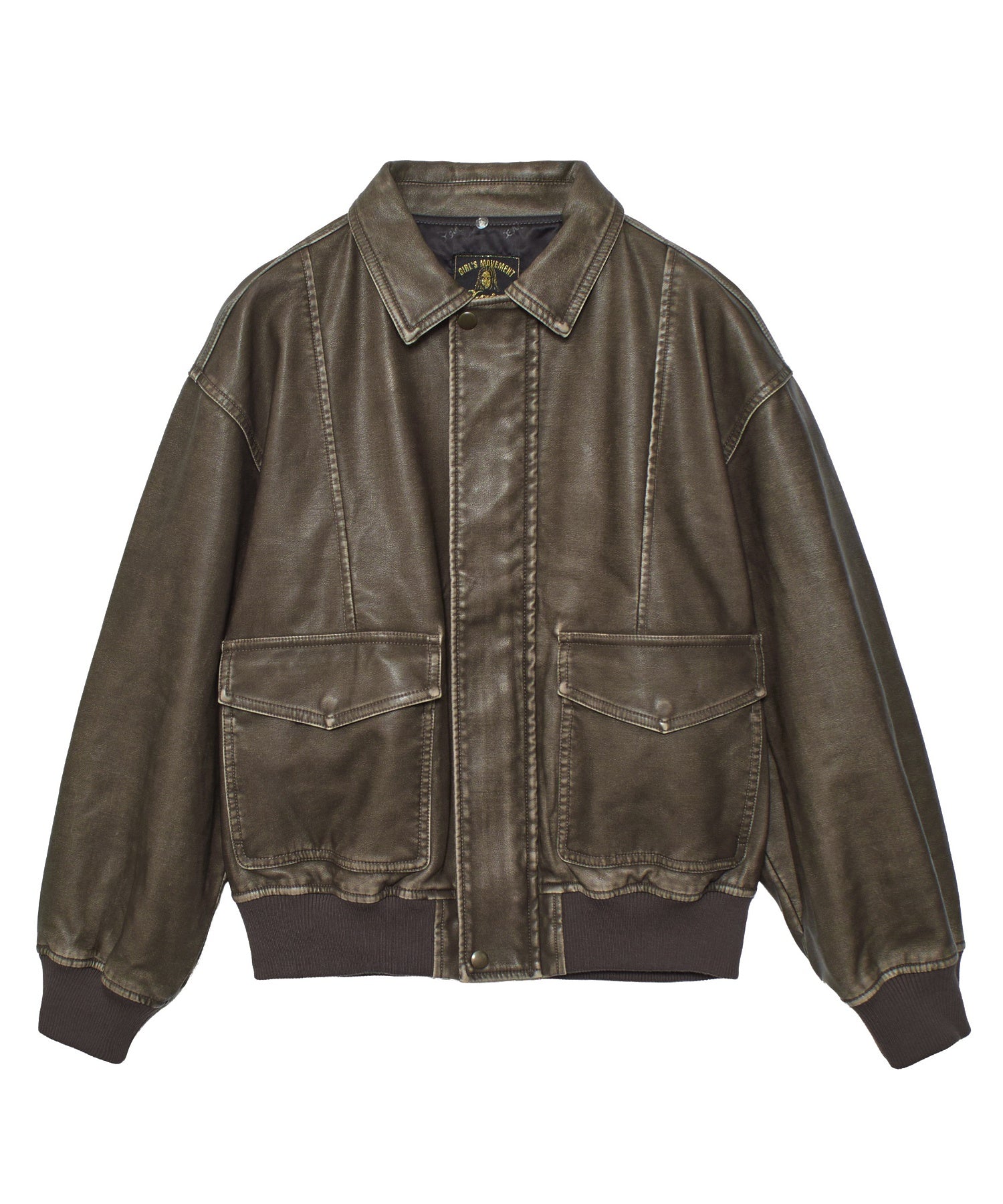 EMBOSSED LOGO PATCH DISTRESSED FAUX LEATHER JACKET