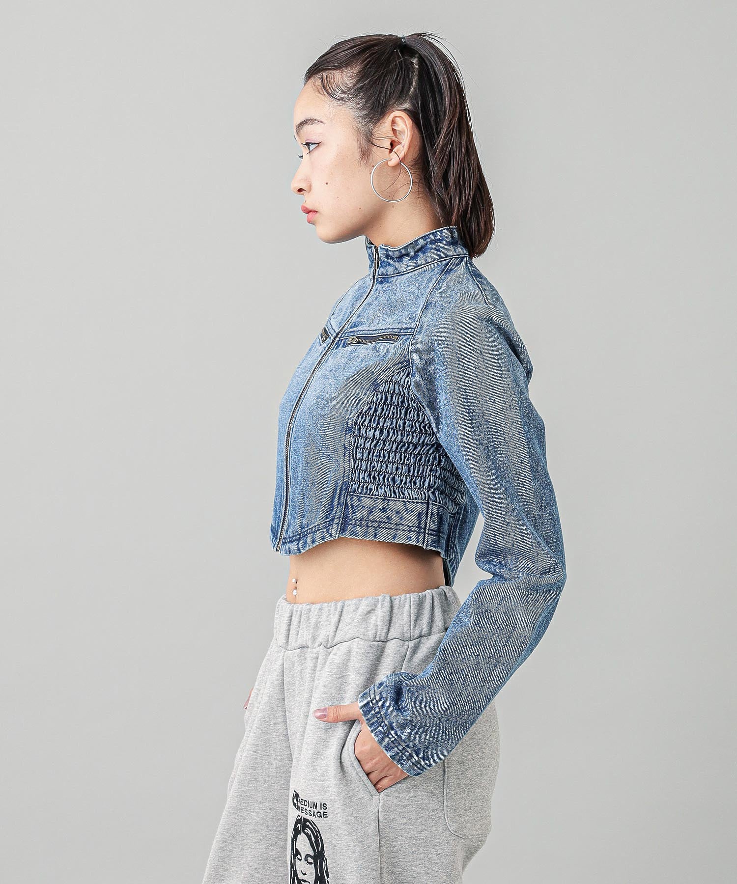 ZIP UP STAND COLLAR DENIM JACKET