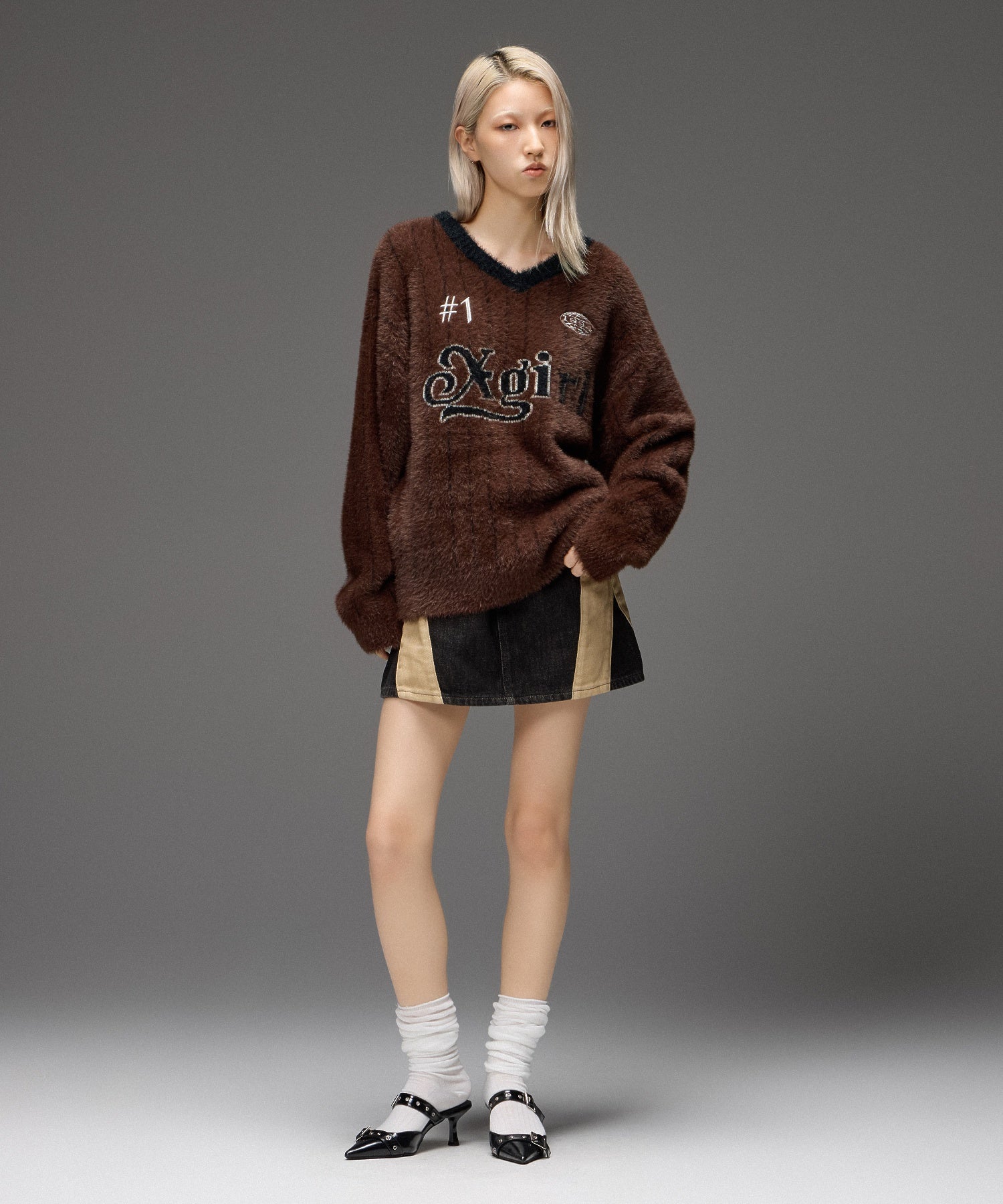 GAME SHIRT JACQUARD SHAGGY KNIT TOP