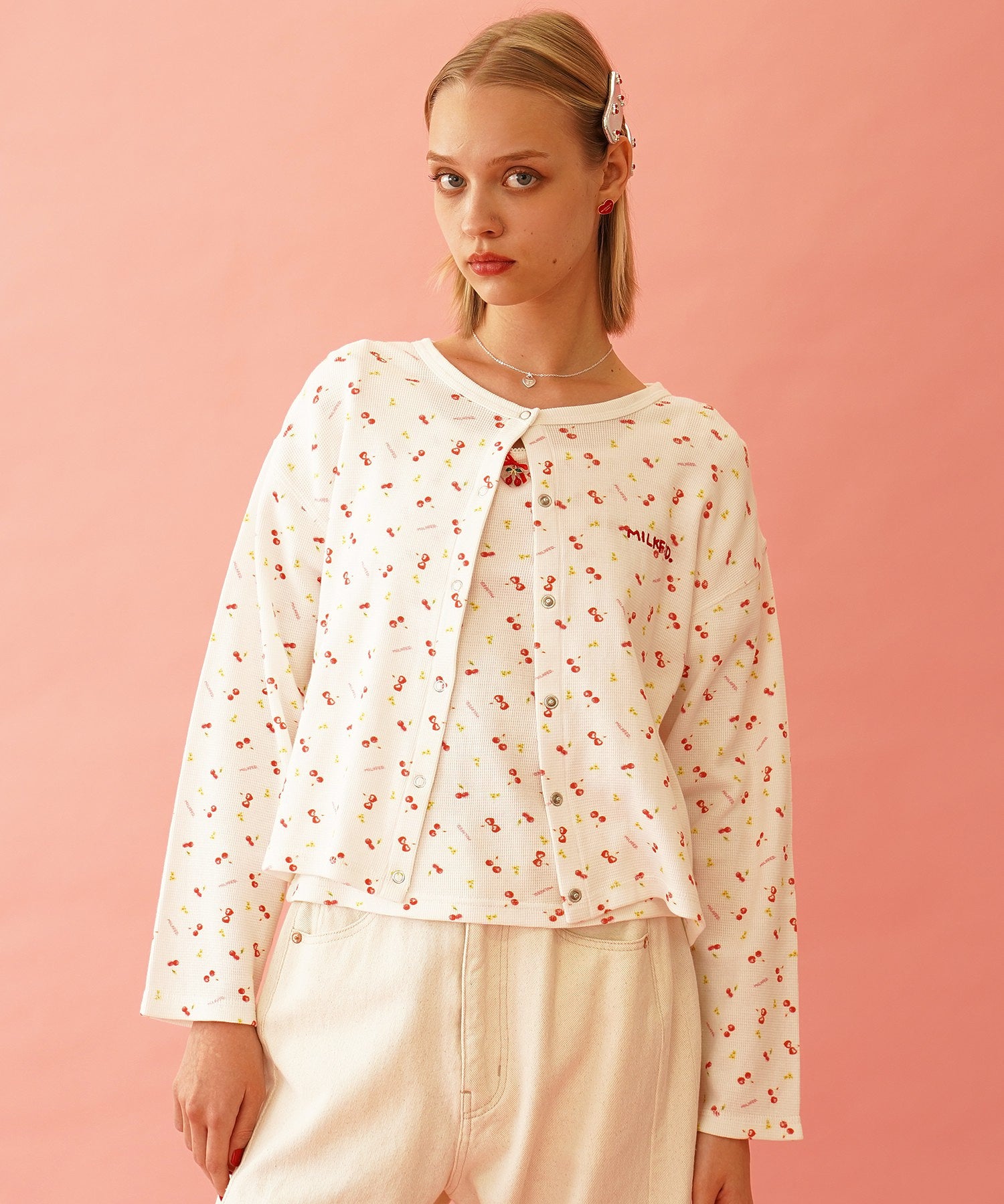 CHERRY PATTERN WAFFLE PUFF SLEEVES TOP