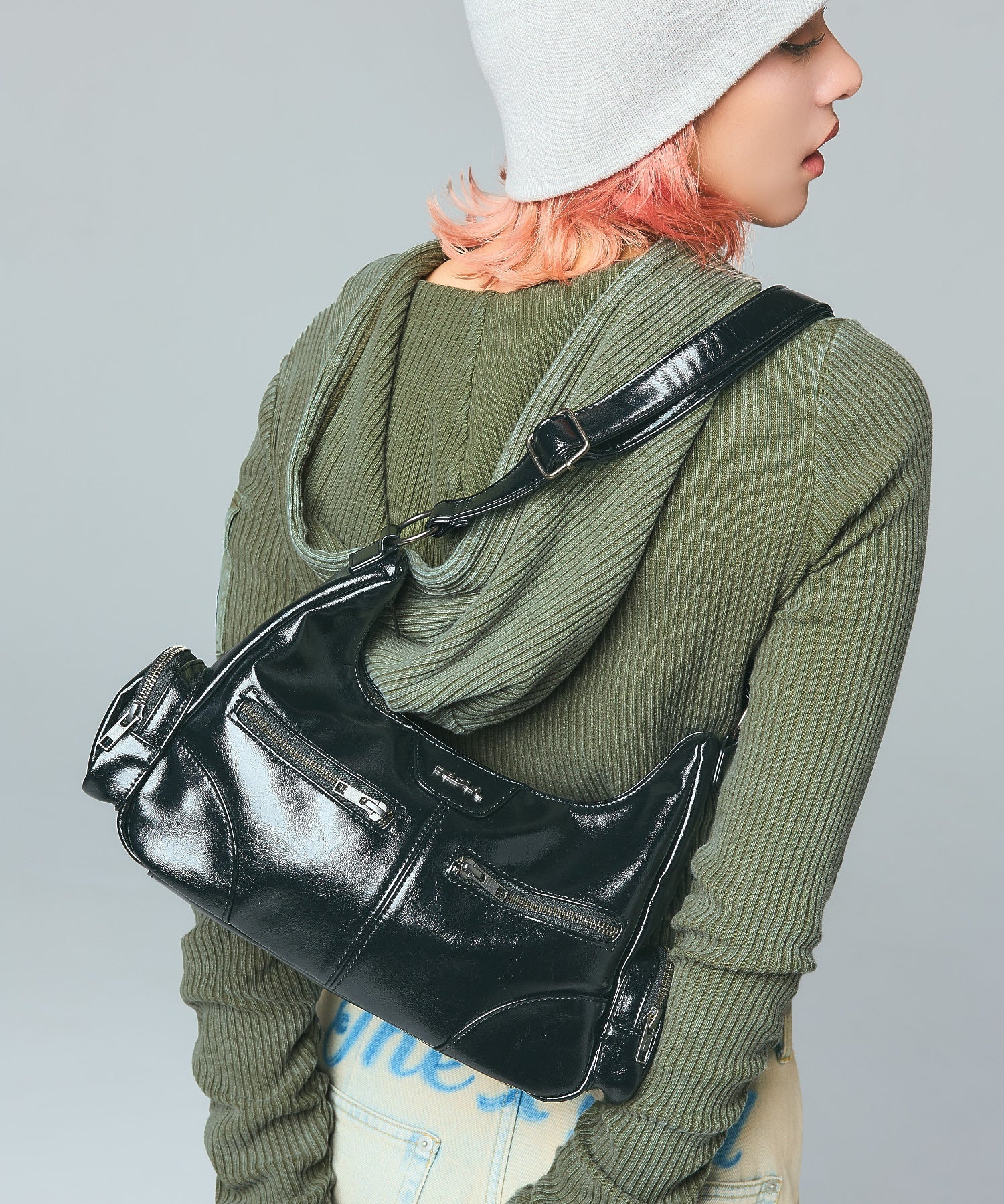 DOUBLE ZIP FAUX LEATHER BAG