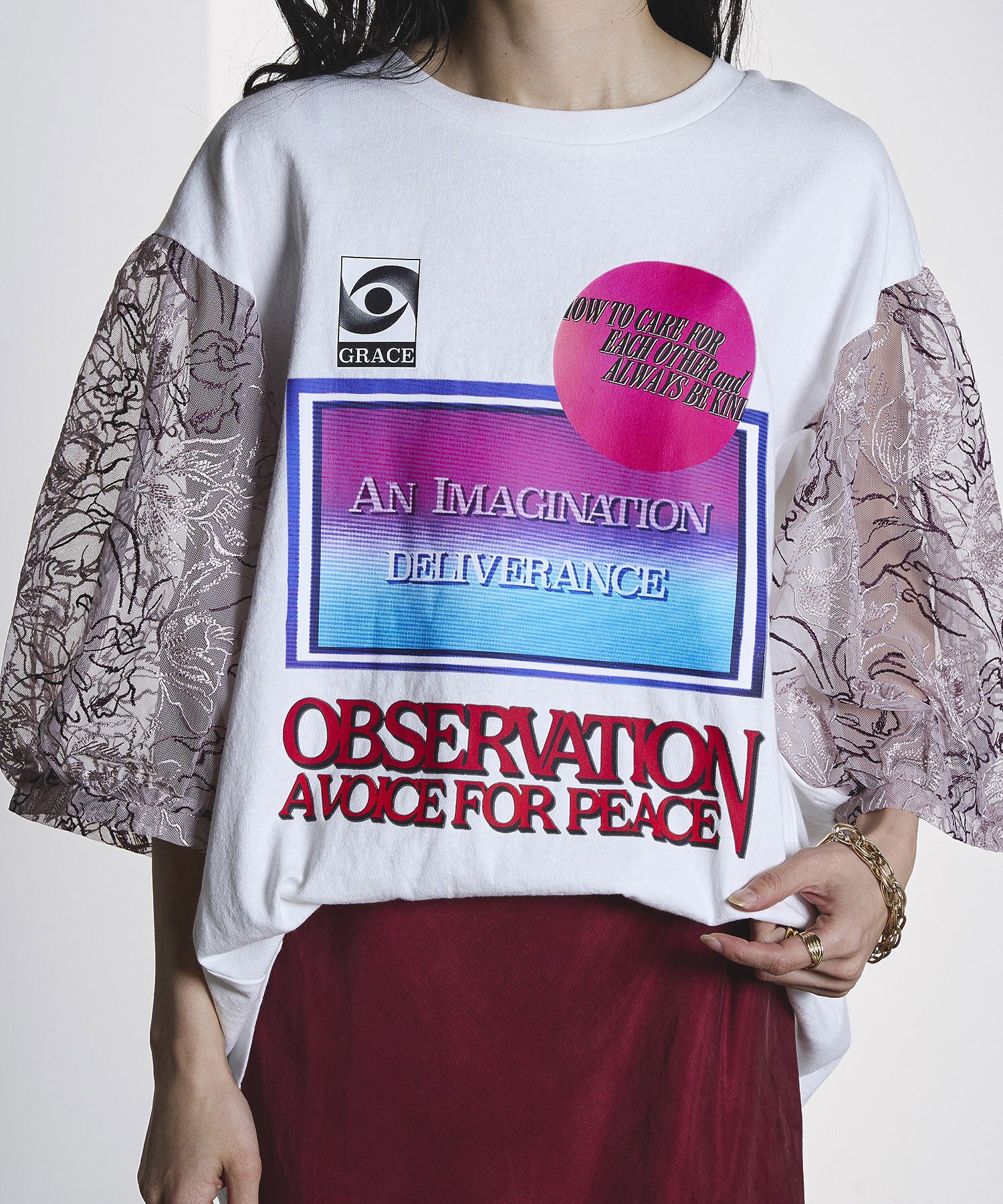 OKIRAKU×ROSEBUD/LACE SLEEVE GRAPHIC TOP