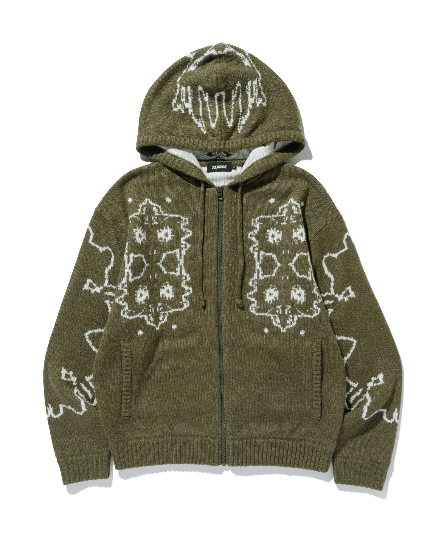 JACQUARD FUZZY ZIP UP HOODED SWEATER