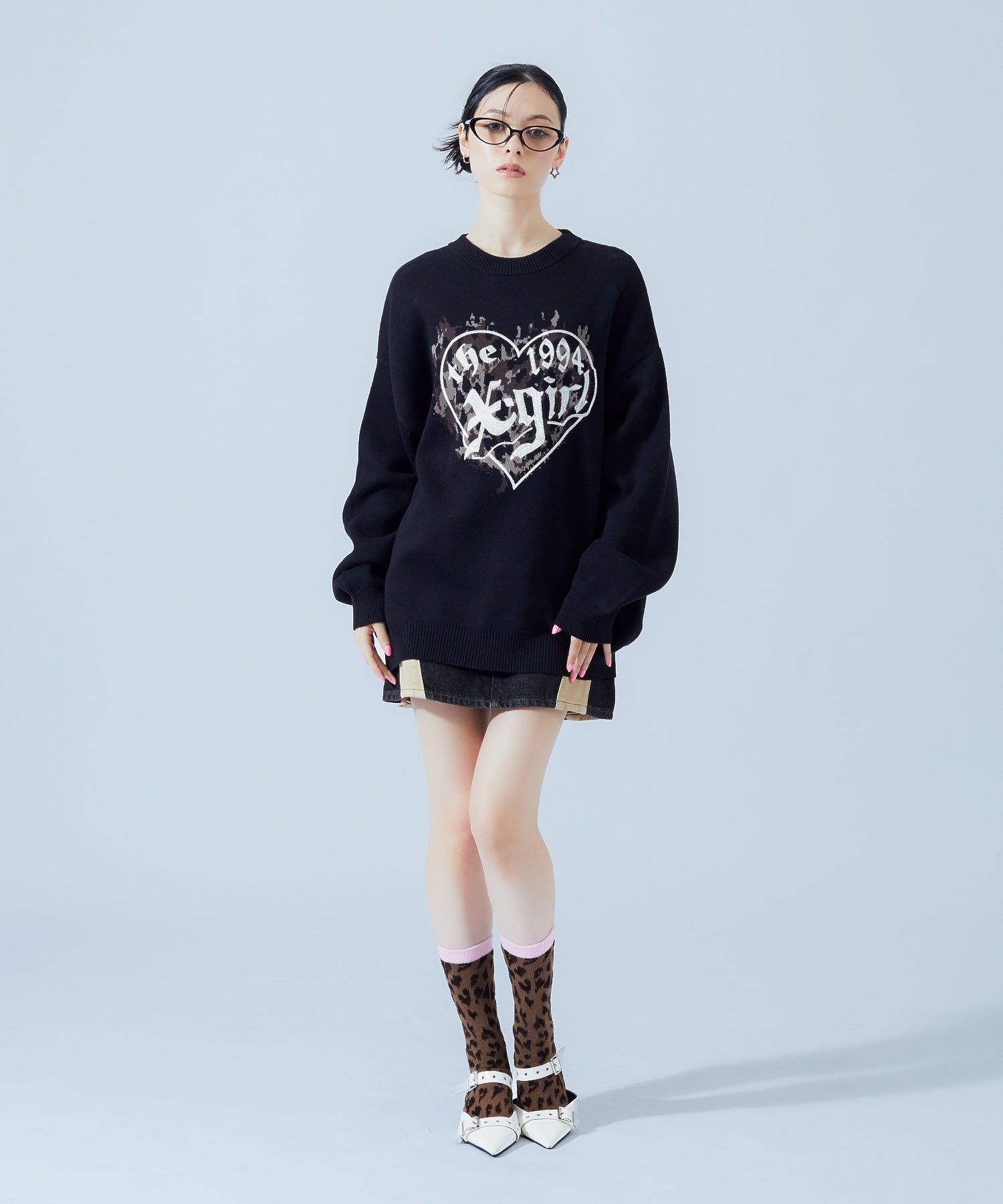 LEOPARD HEART LOGO JACQURD KNIT TOP