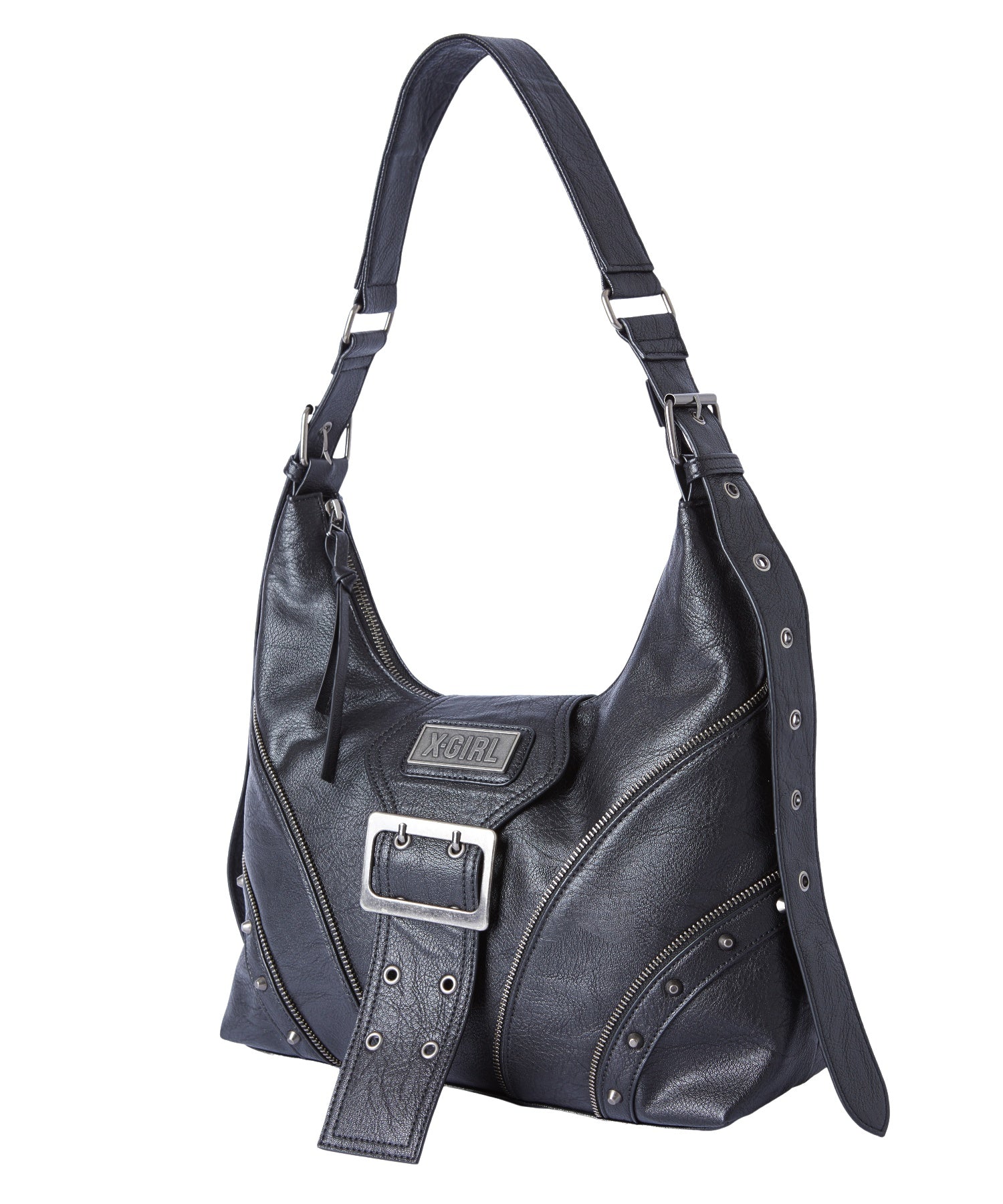 STUDDED PANELED FAUX LEATHER SHOULDER BAG