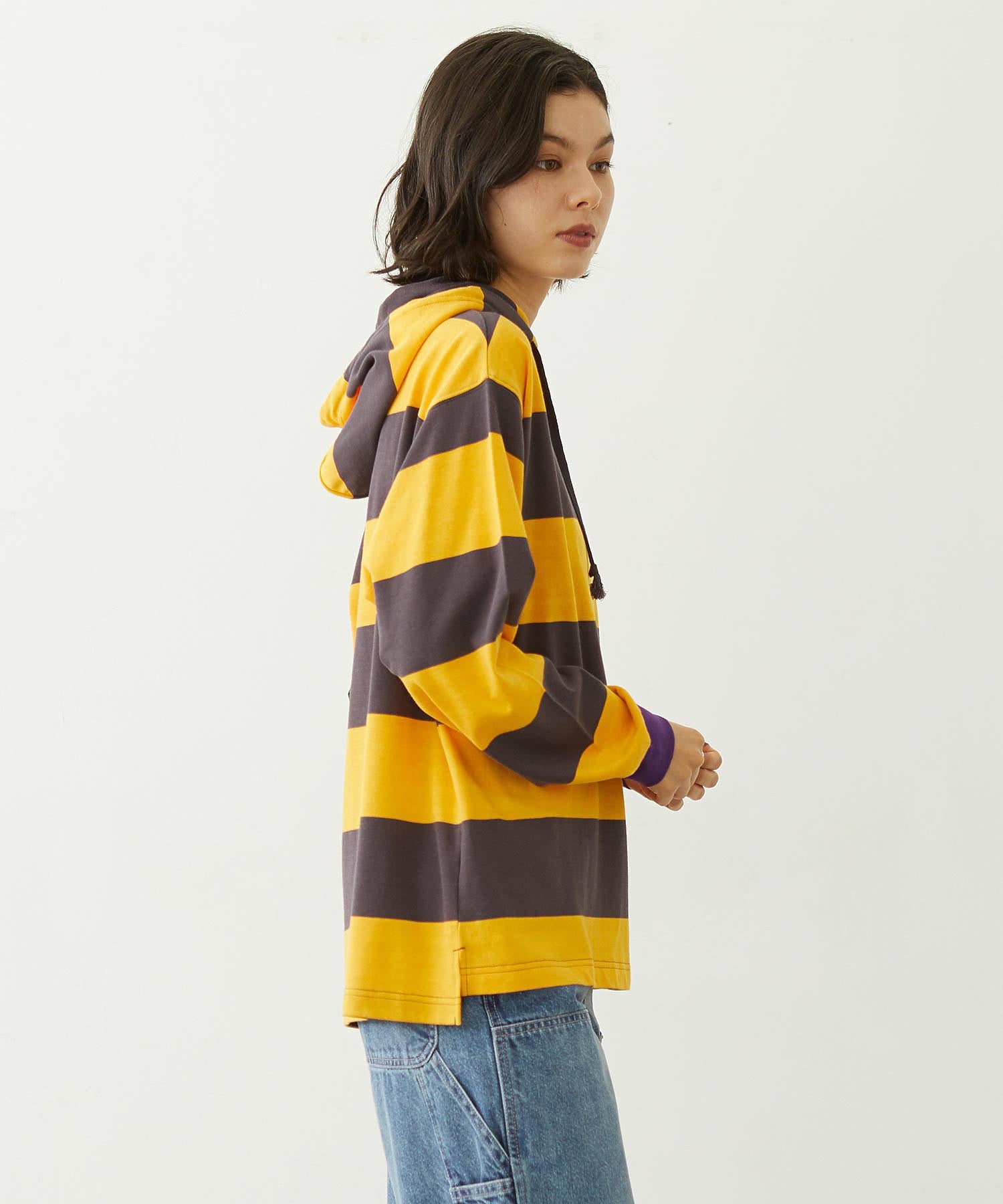 CONTRAST RIB STRIPED HOODED TOP