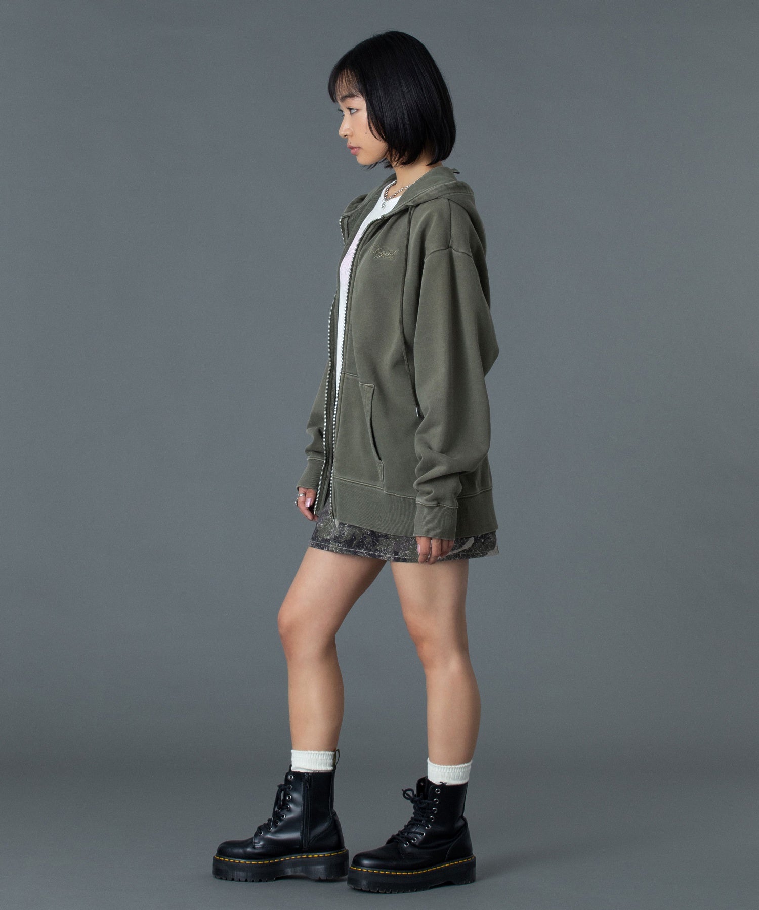 PIGMENT DYED FACE AND LOGO SQUARE PATCH ZIP UP SWEAT HOODIE