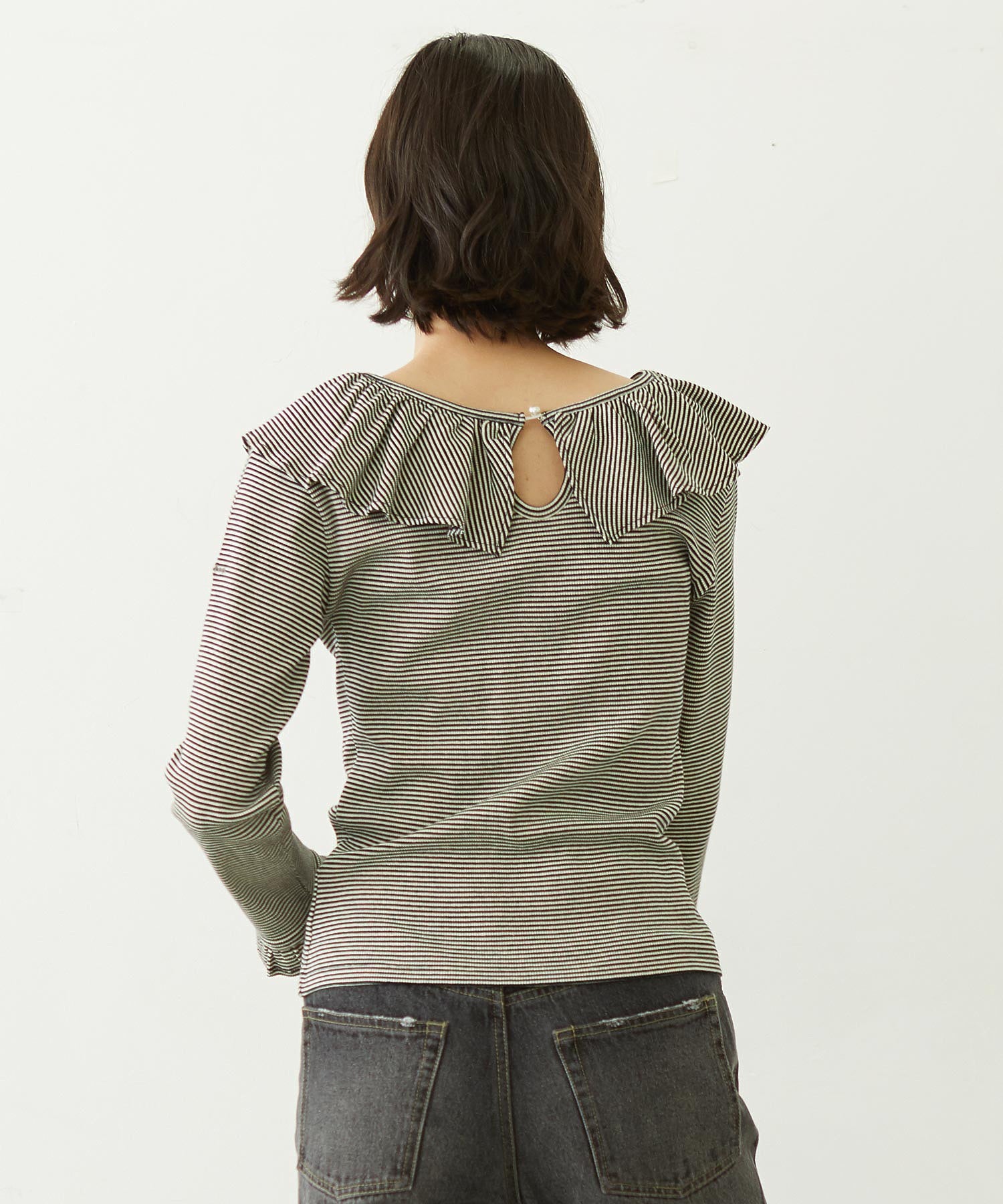 2WAY RUFFLE COLLAR STRIPED L/S TOP