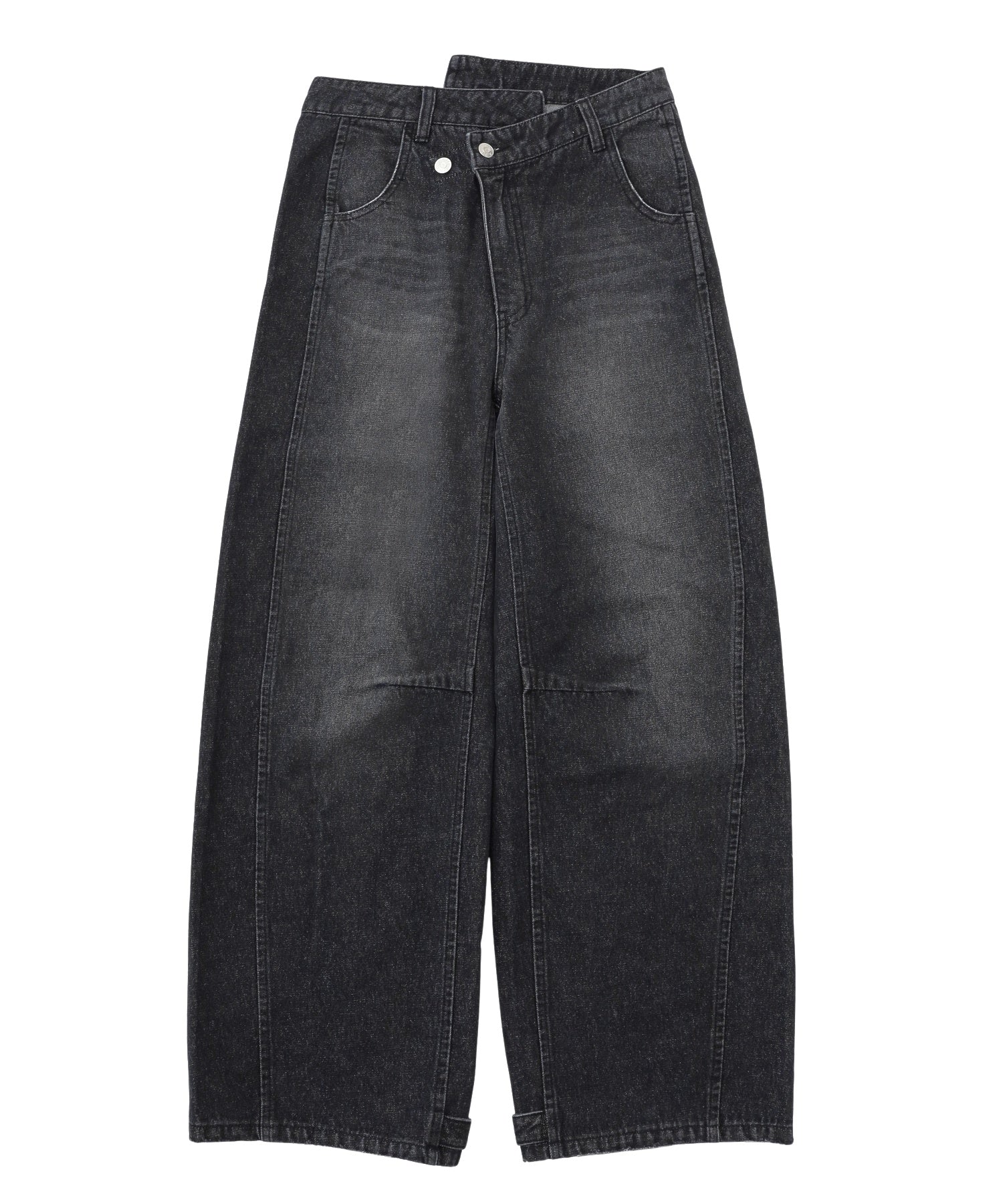 ASYMMETRIC WAIST BARREL LEG DENIM PANTS
