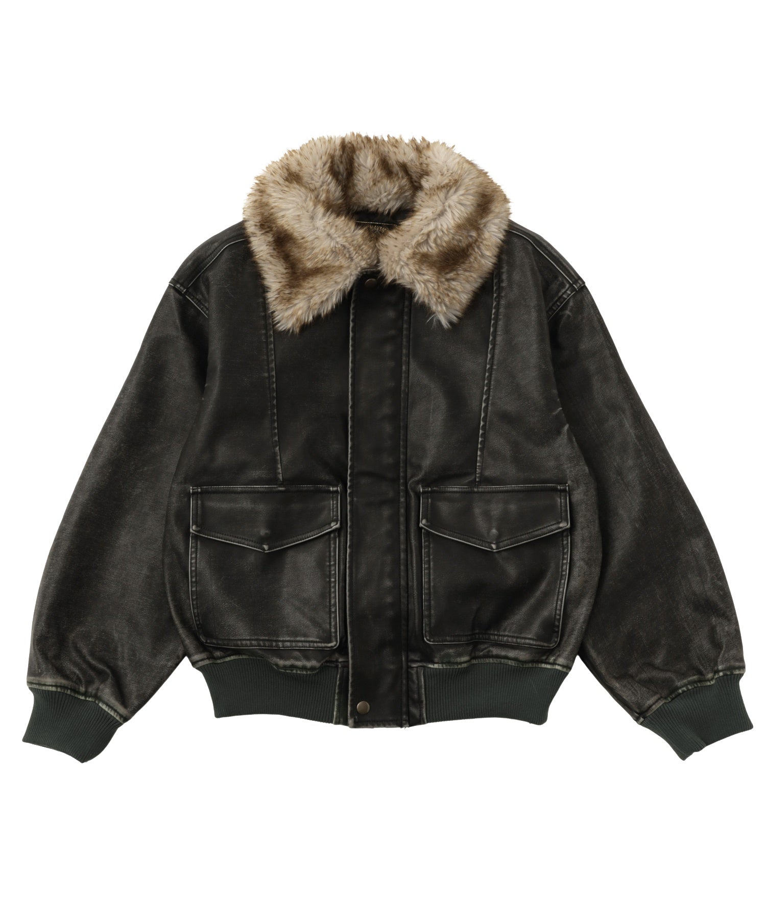 EMBOSSED LOGO PATCH DISTRESSED FAUX LEATHER JACKET
