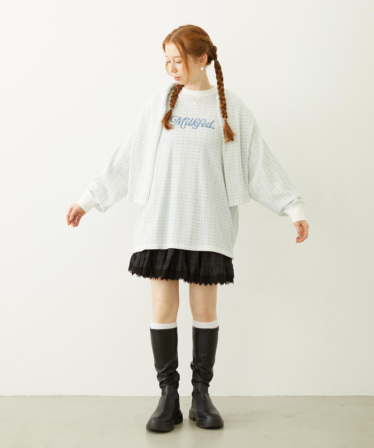 STRIPED FLOWER WAFFLE L/S TOP