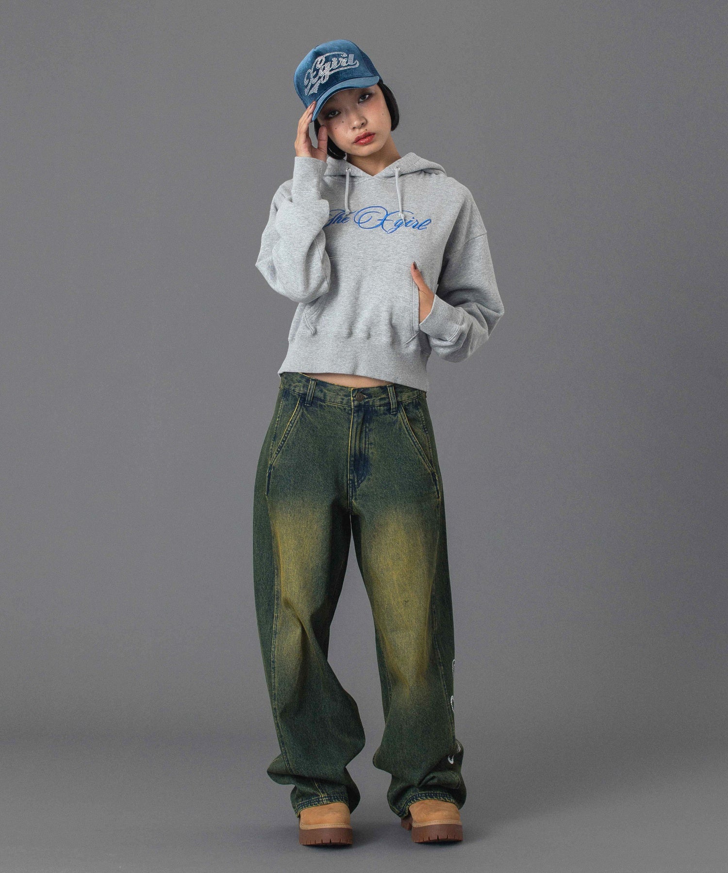 RHINESTONE LOGO LOOSE DENIM PANTS