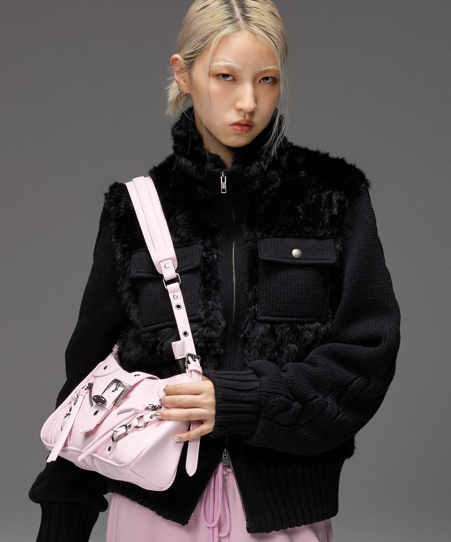 ZIP AND BELT FAUX LEATHER BAG