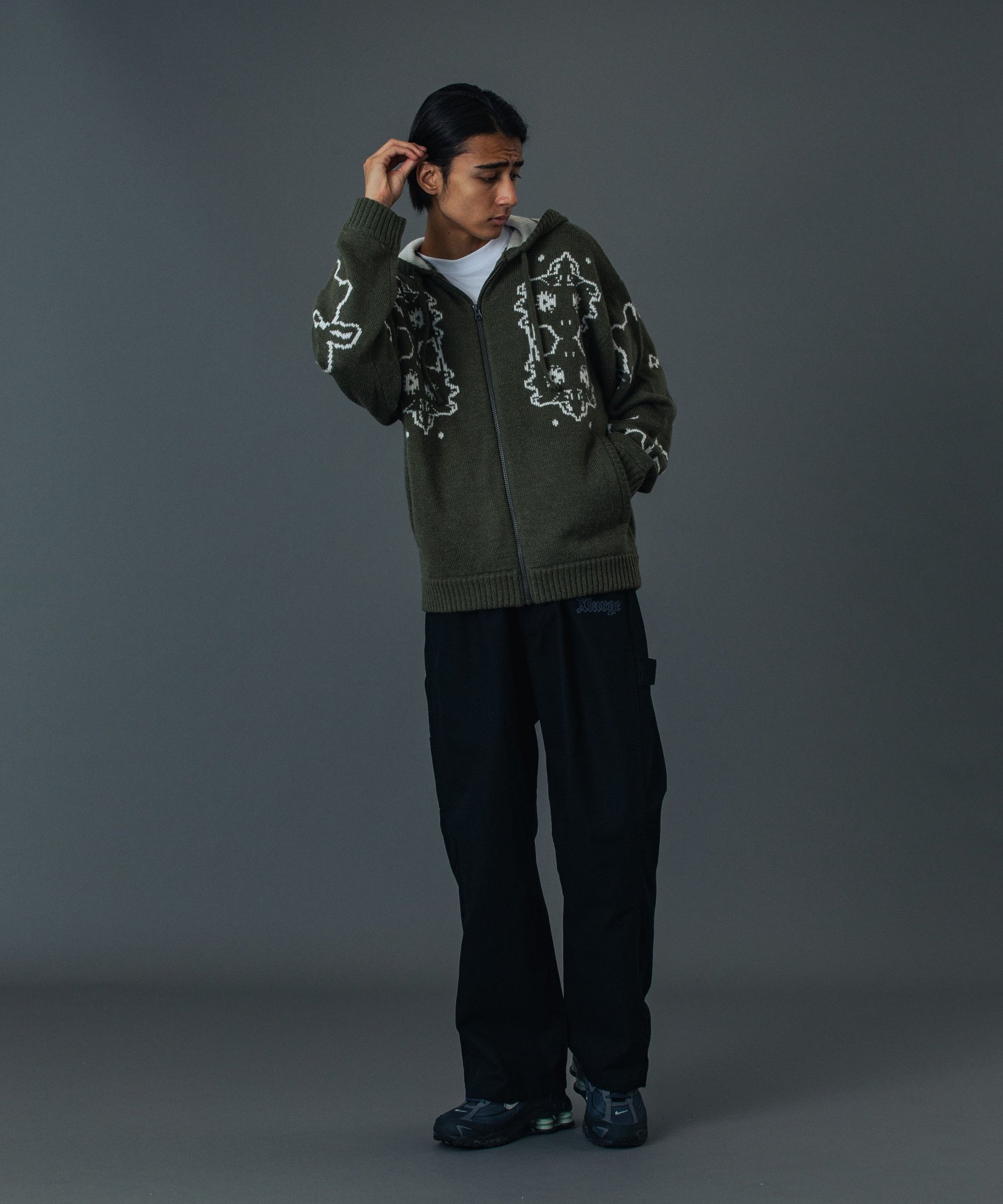 JACQUARD FUZZY ZIP UP HOODED SWEATER