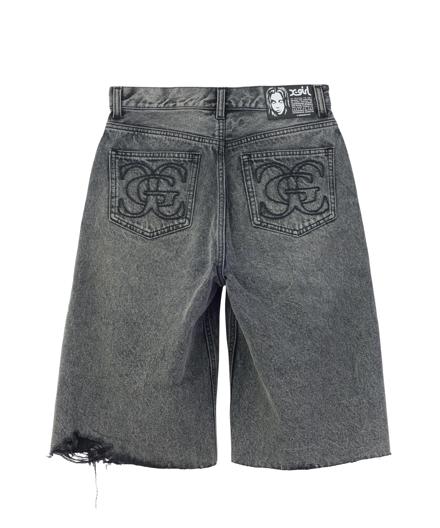 EMBLEM POCKET DISTRESSED DENIM SHORTS
