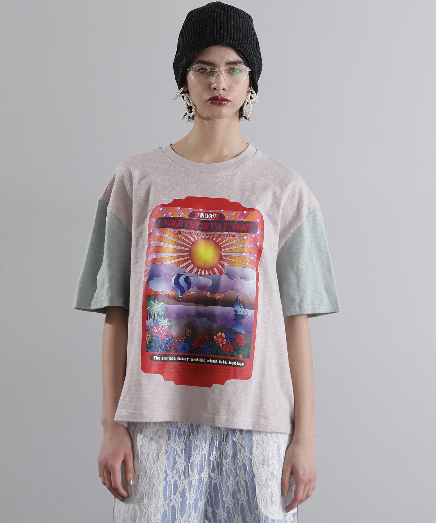 OKIRAKU×ROSE BUD/袖配色 プリントTシャツ